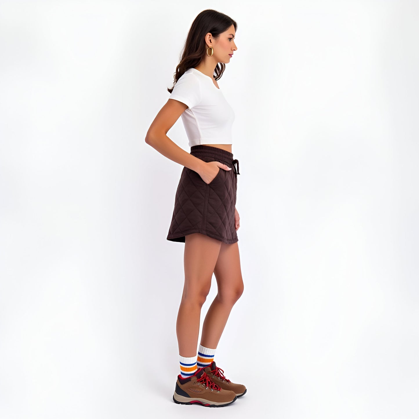 Quilted Knit Skort with Drawstring Waist and Side Pockets