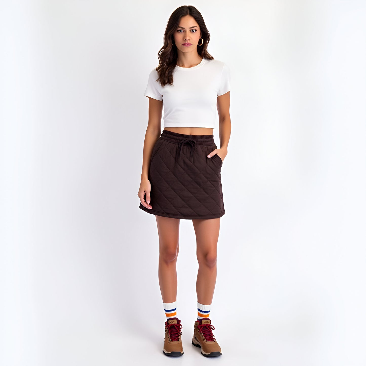 Quilted Knit Skort with Drawstring Waist and Side Pockets