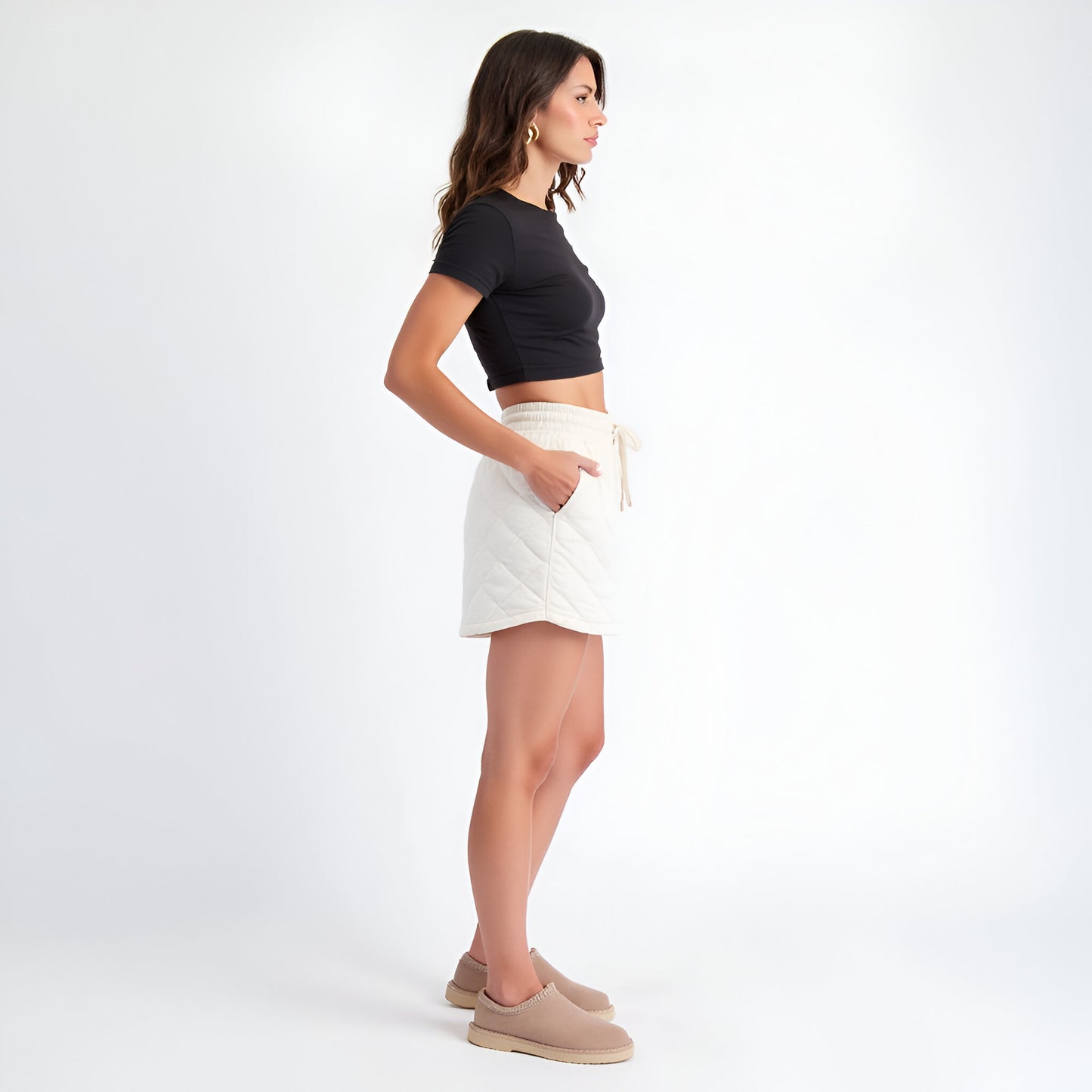 Quilted Knit Skort with Drawstring Waist and Side Pockets