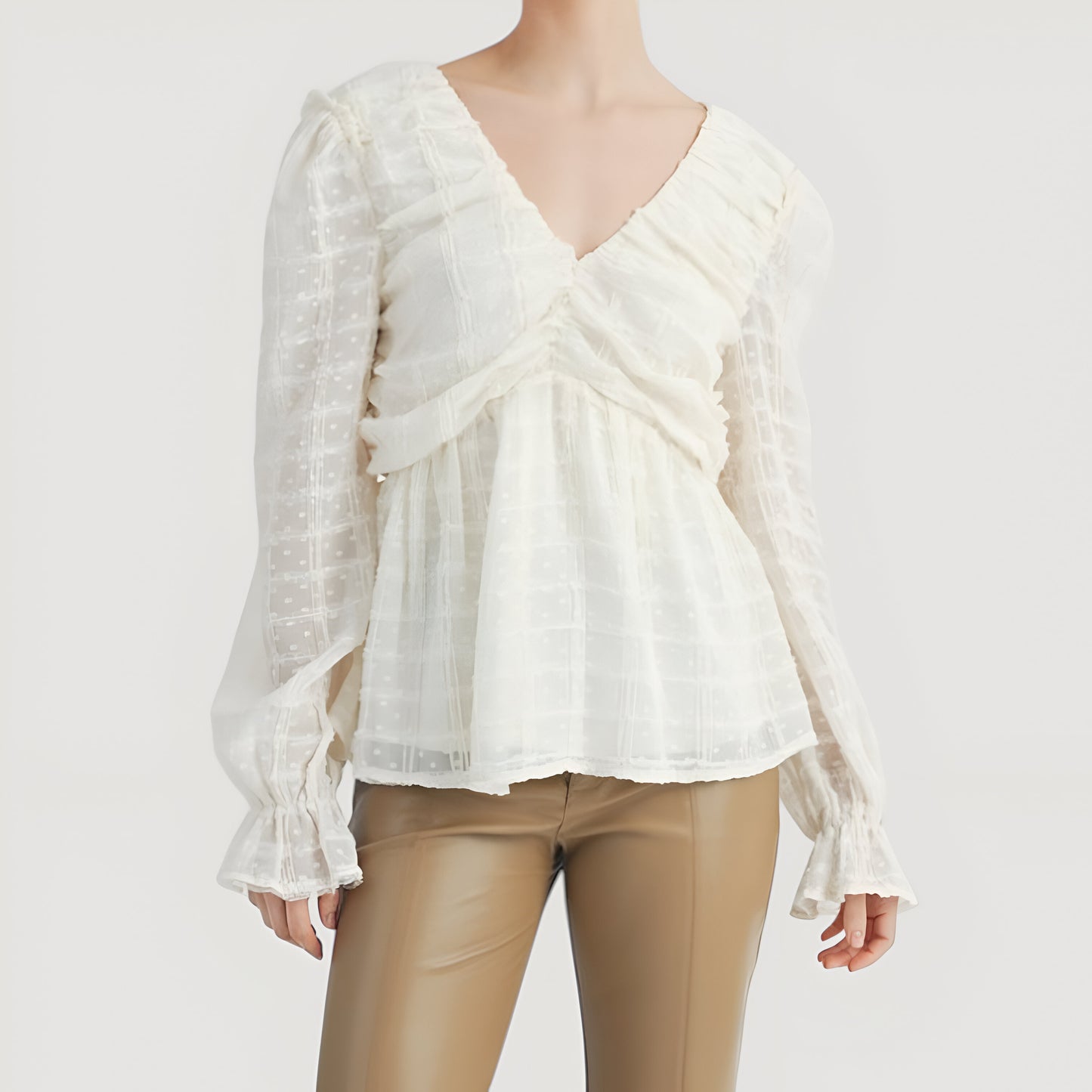 Textured Long Sleeve Blouse with Peplum Hem and Back Bow Tie