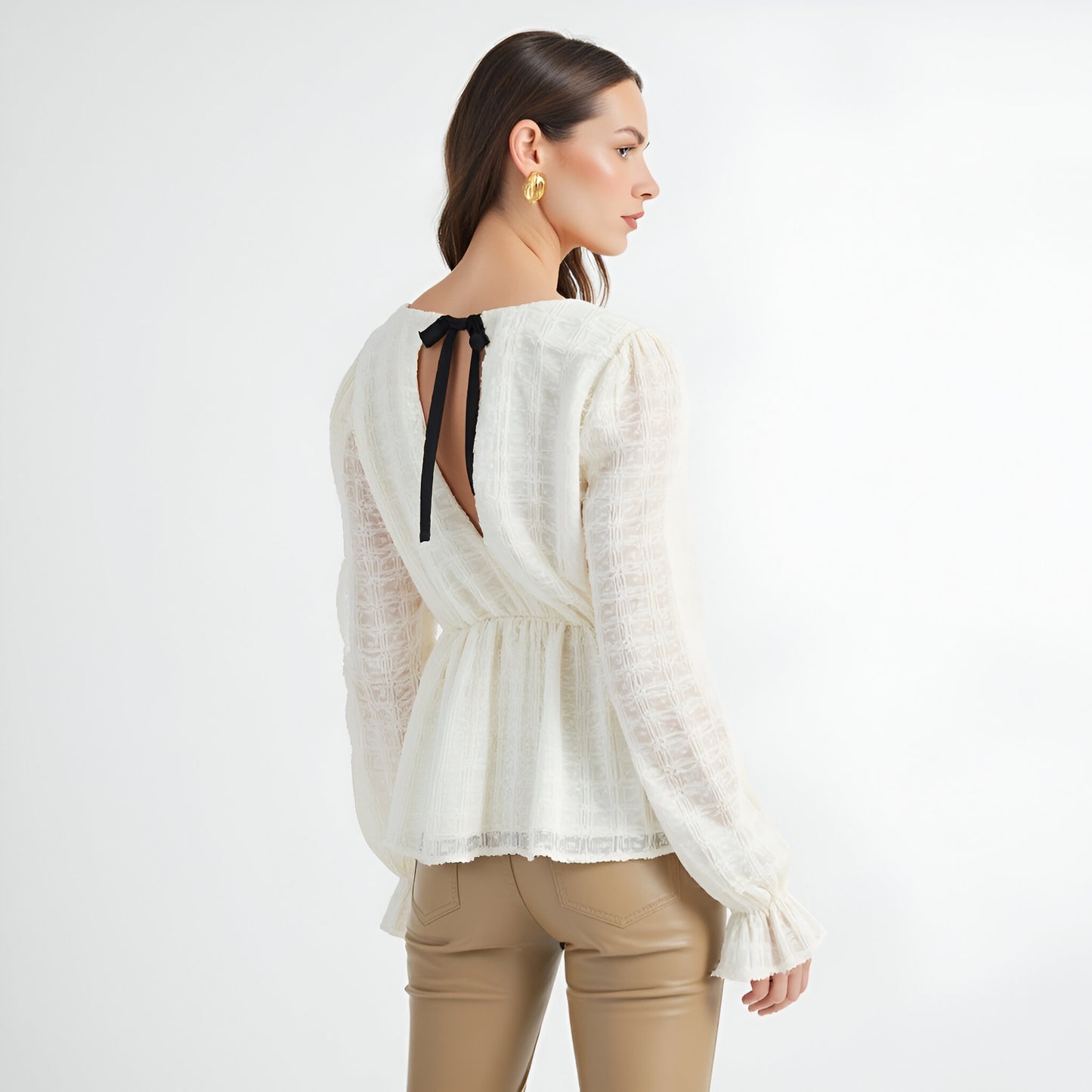 Textured Long Sleeve Blouse with Peplum Hem and Back Bow Tie