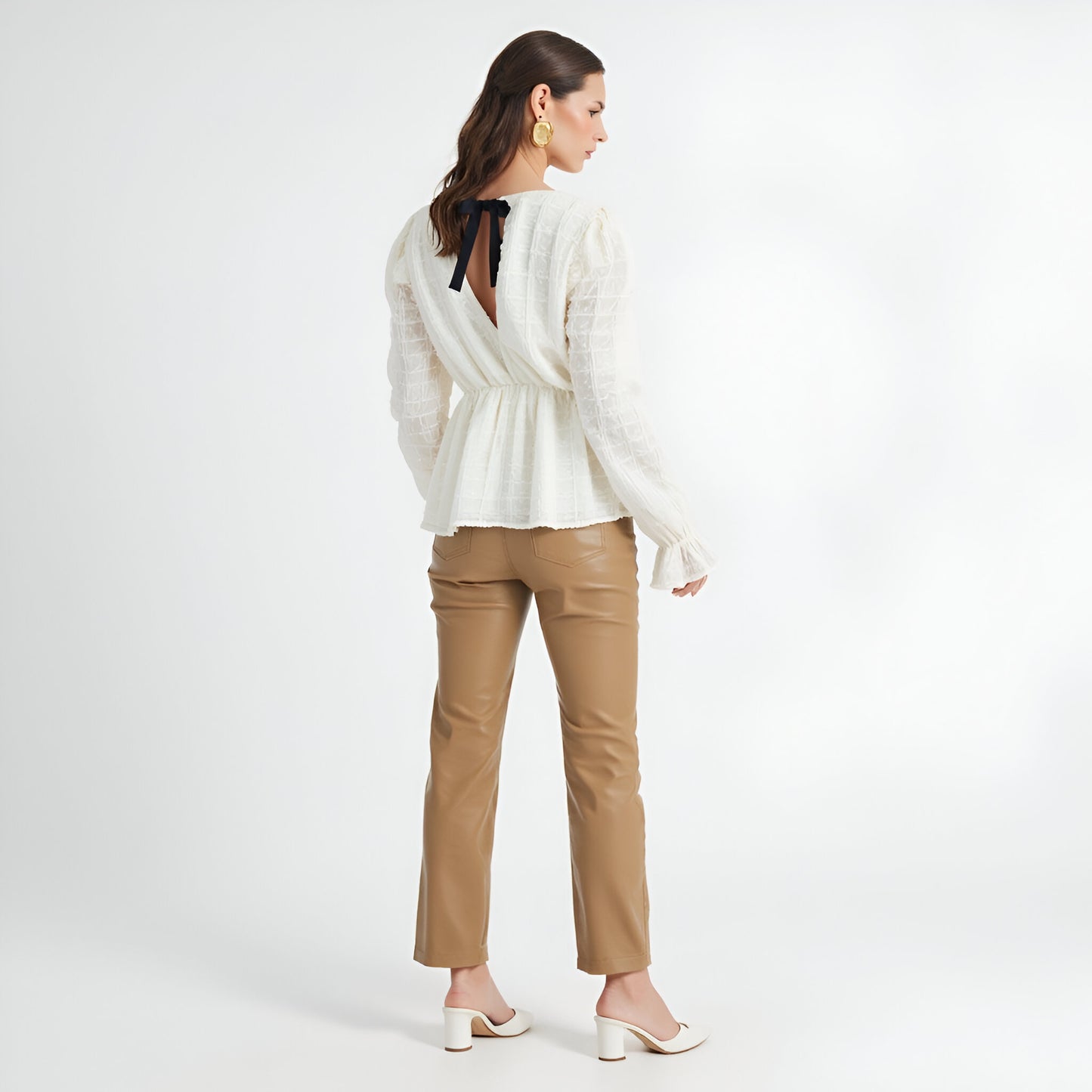 Textured Long Sleeve Blouse with Peplum Hem and Back Bow Tie