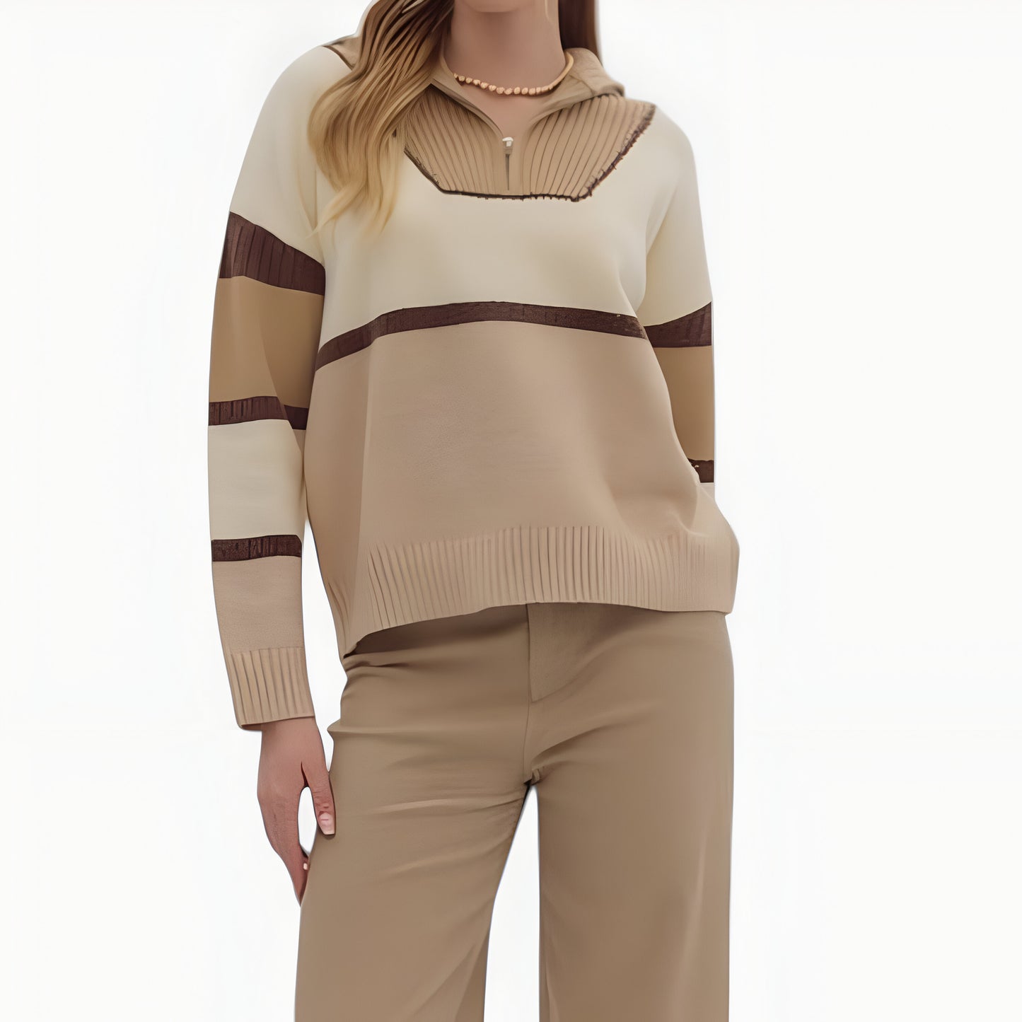 Striped Half-Zip Sweater with Ribbed Collar and Long Sleeves