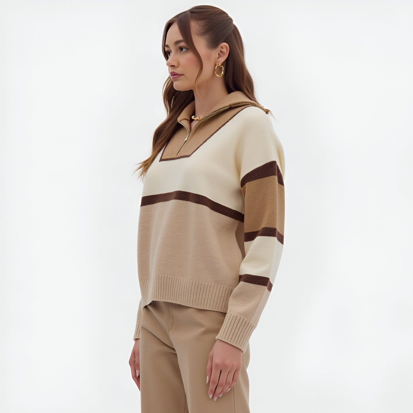 Striped Half-Zip Sweater with Ribbed Collar and Long Sleeves