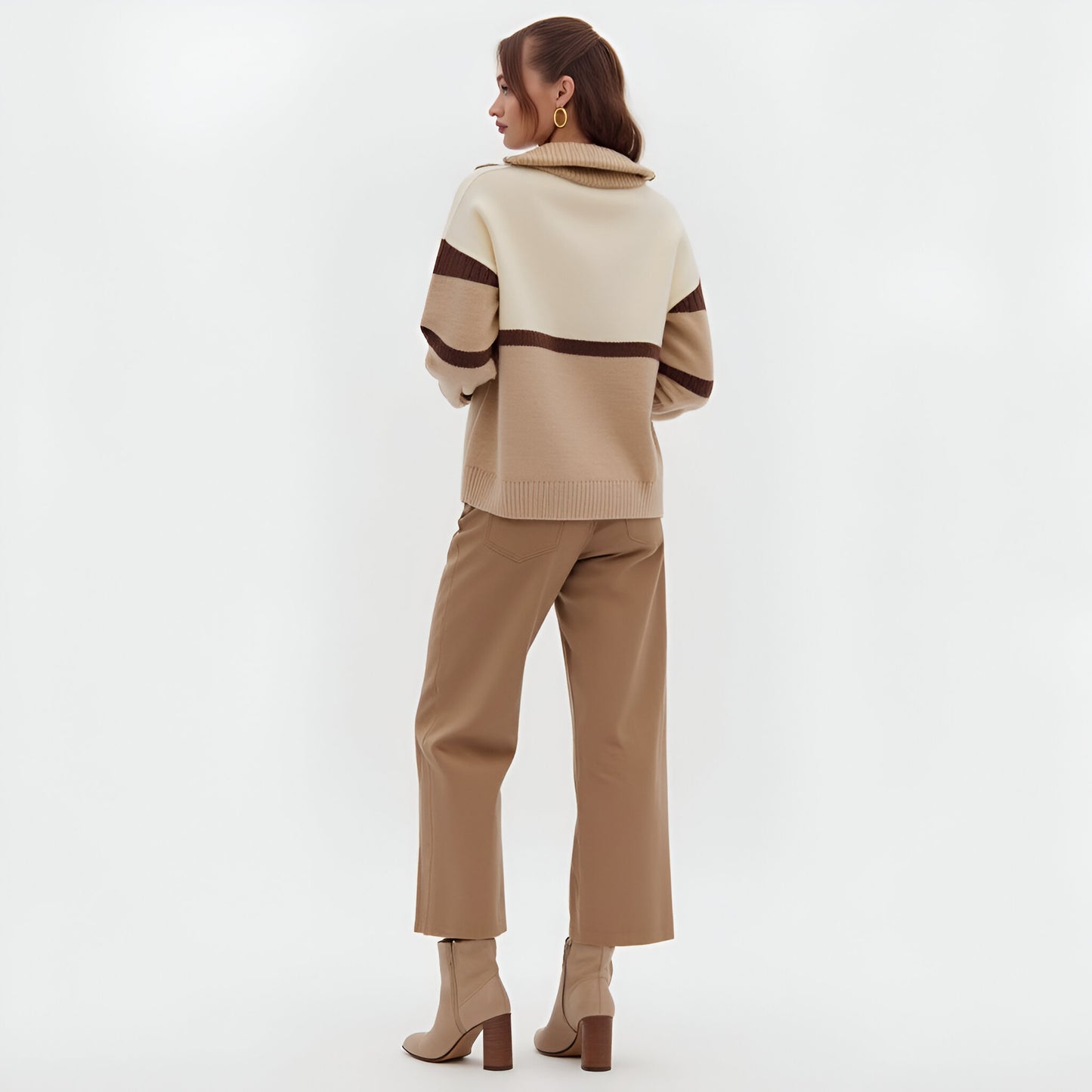 Striped Half-Zip Sweater with Ribbed Collar and Long Sleeves