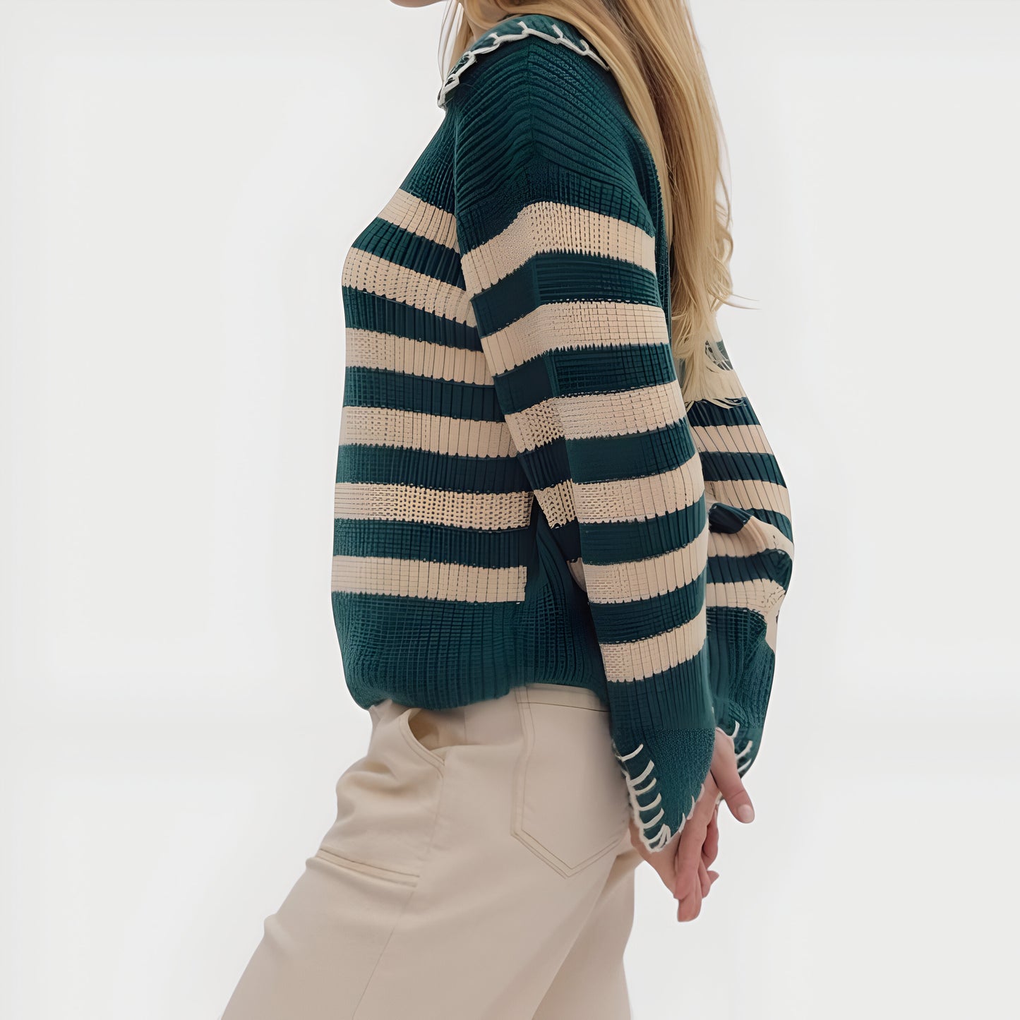 Striped Knit Sweater with Contrast Stitch Collar and Cuffs
