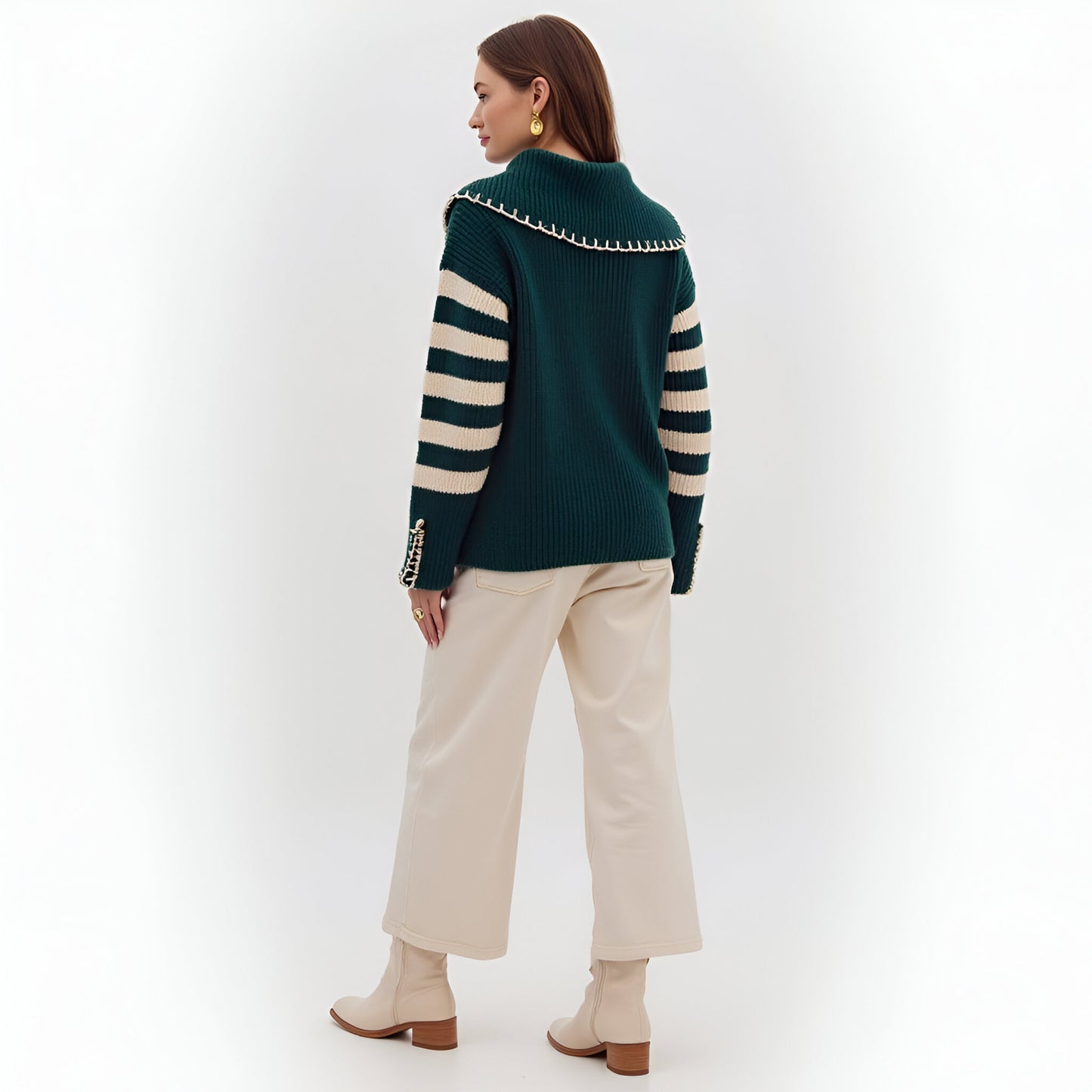 Striped Knit Sweater with Contrast Stitch Collar and Cuffs