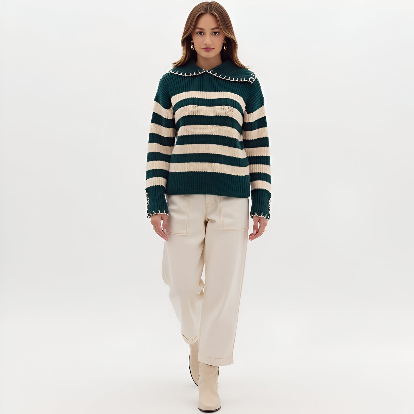 Striped Knit Sweater with Contrast Stitch Collar and Cuffs