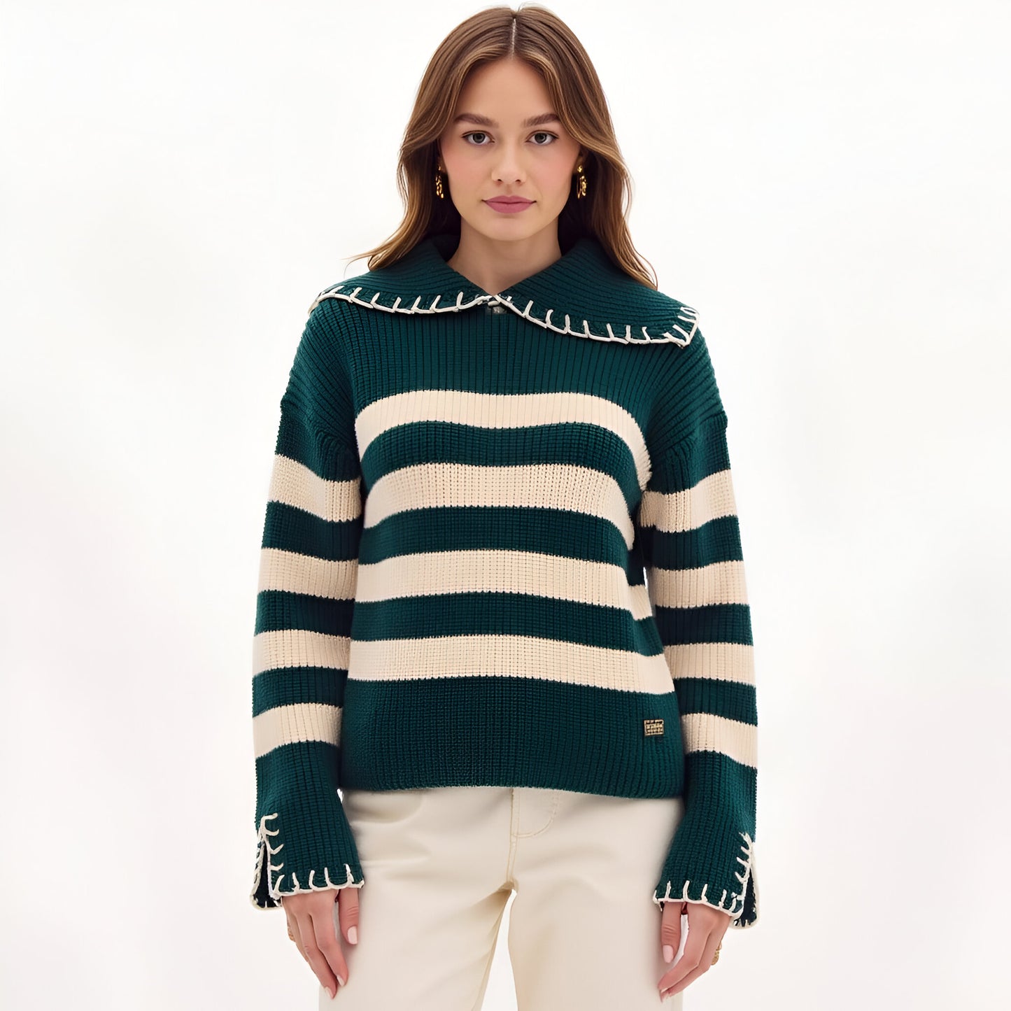 Striped Knit Sweater with Contrast Stitch Collar and Cuffs