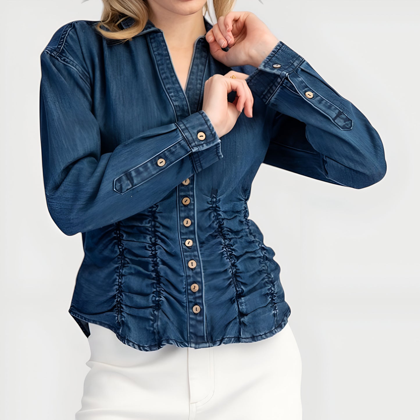 Ruched Waist Denim Button-Up Shirt with Long Sleeves