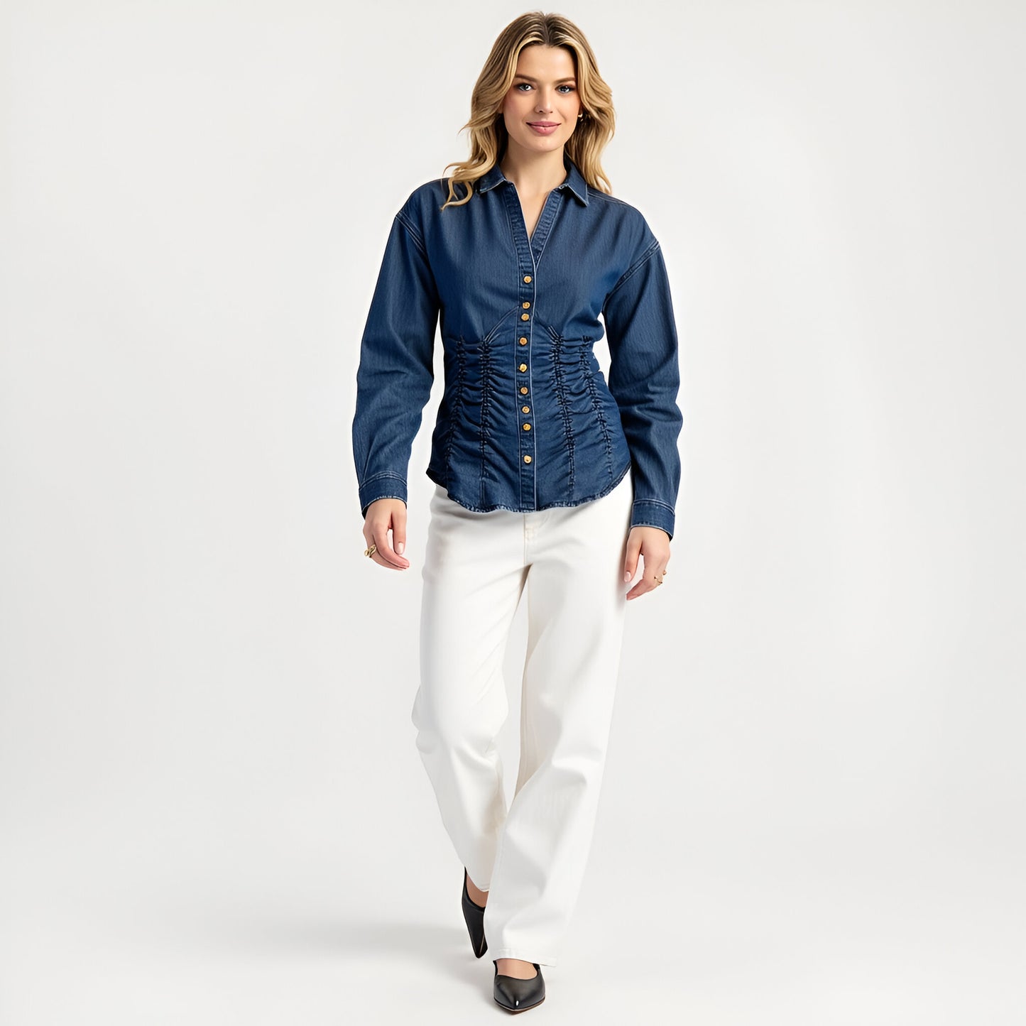 Ruched Waist Denim Button-Up Shirt with Long Sleeves
