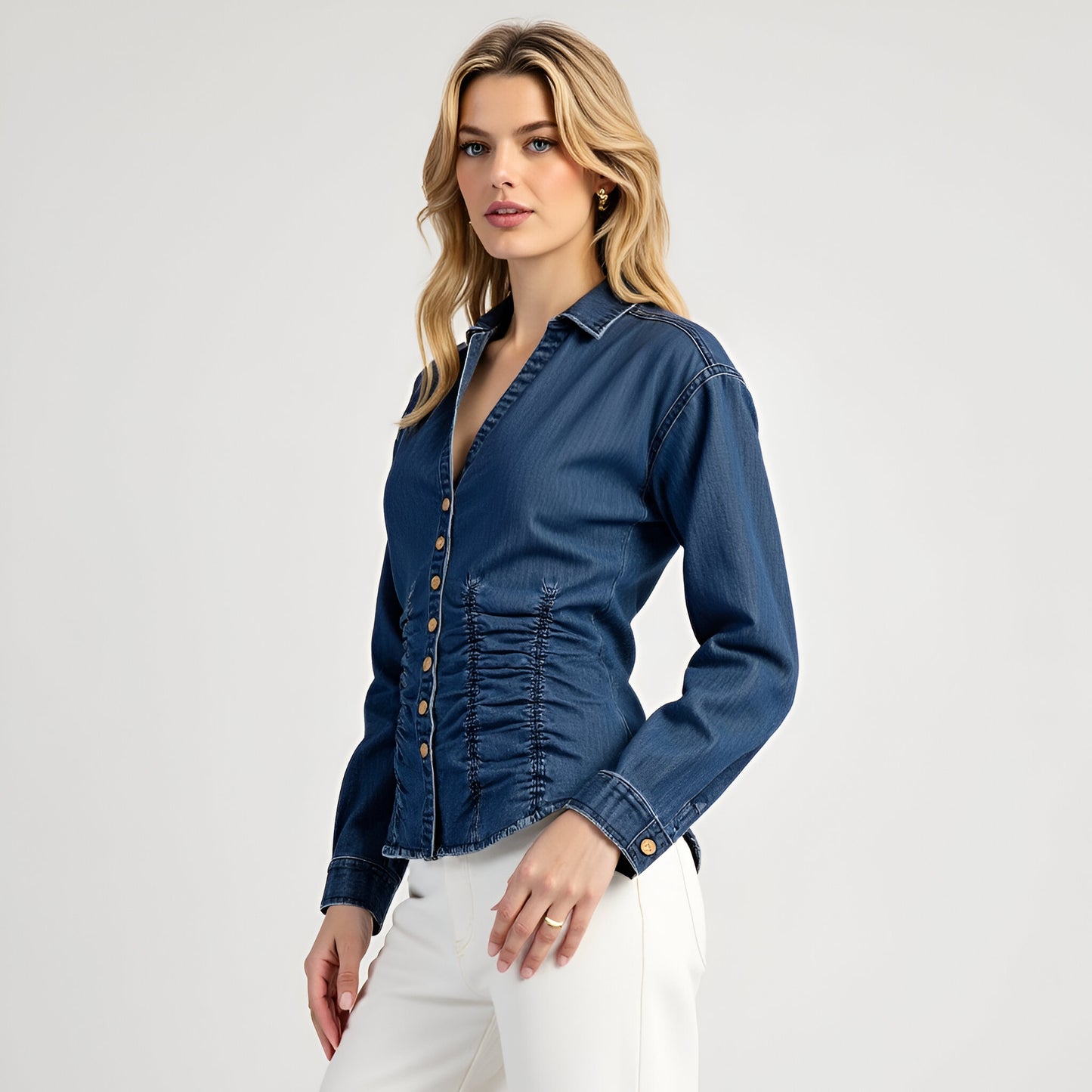 Ruched Waist Denim Button-Up Shirt with Long Sleeves