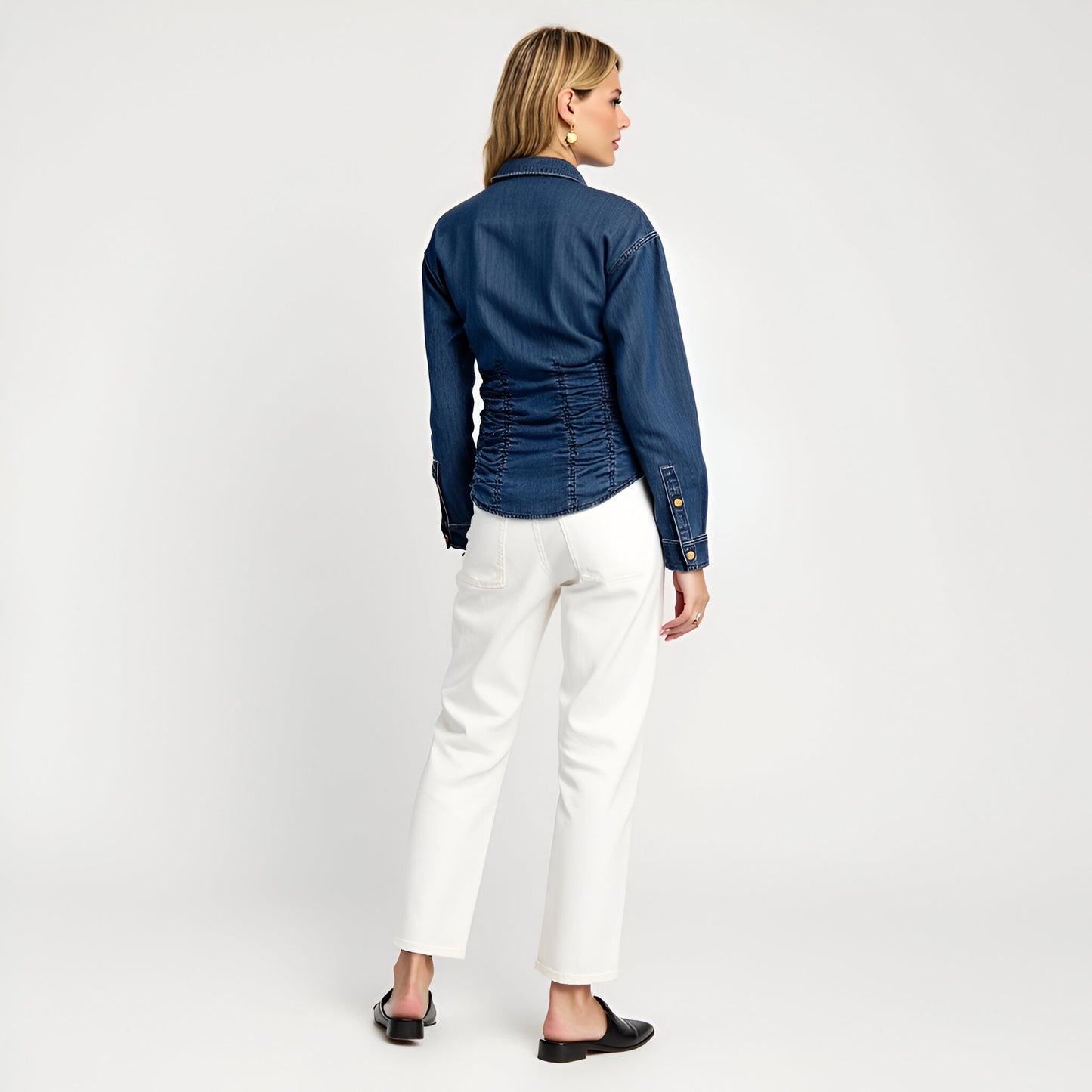 Ruched Waist Denim Button-Up Shirt with Long Sleeves