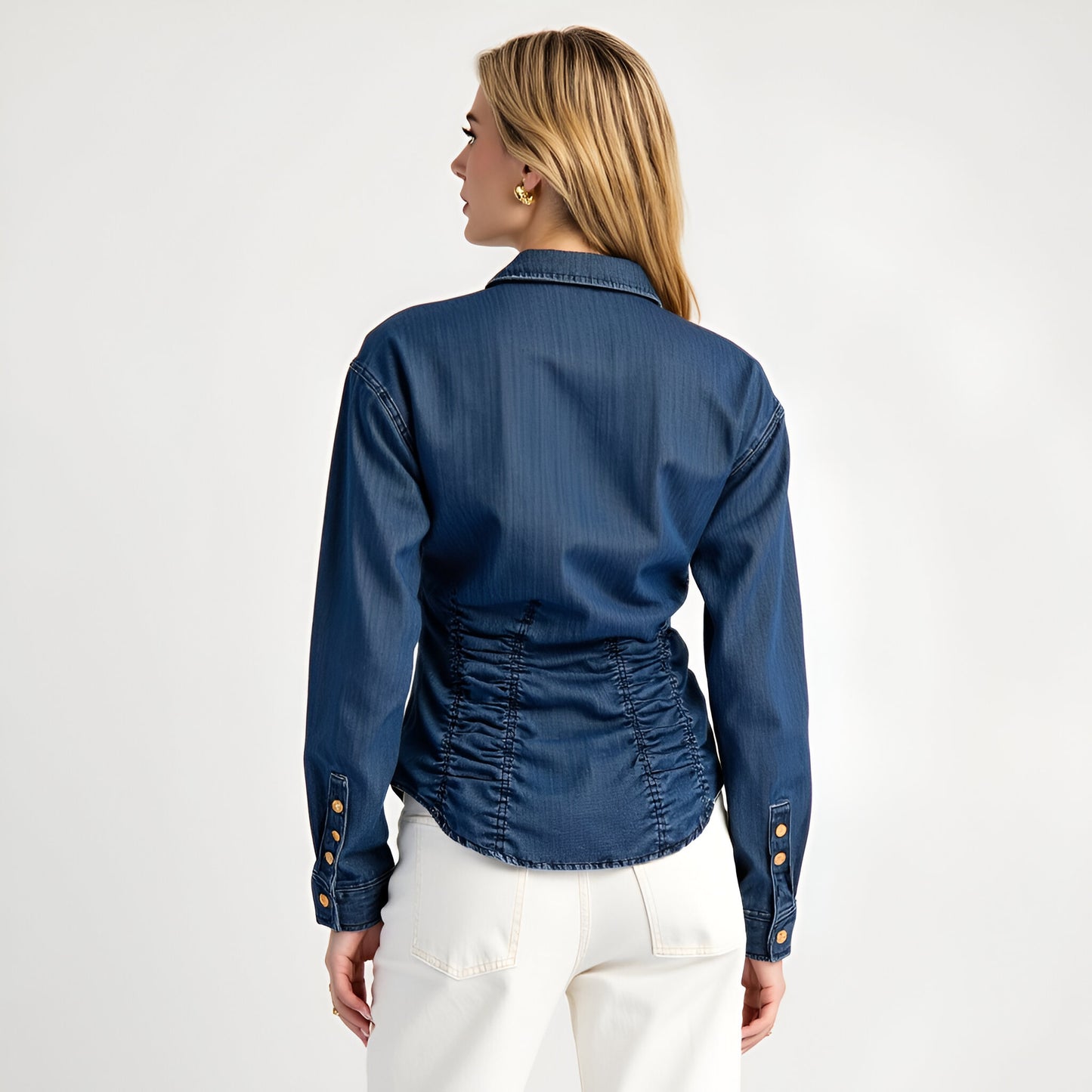 Ruched Waist Denim Button-Up Shirt with Long Sleeves
