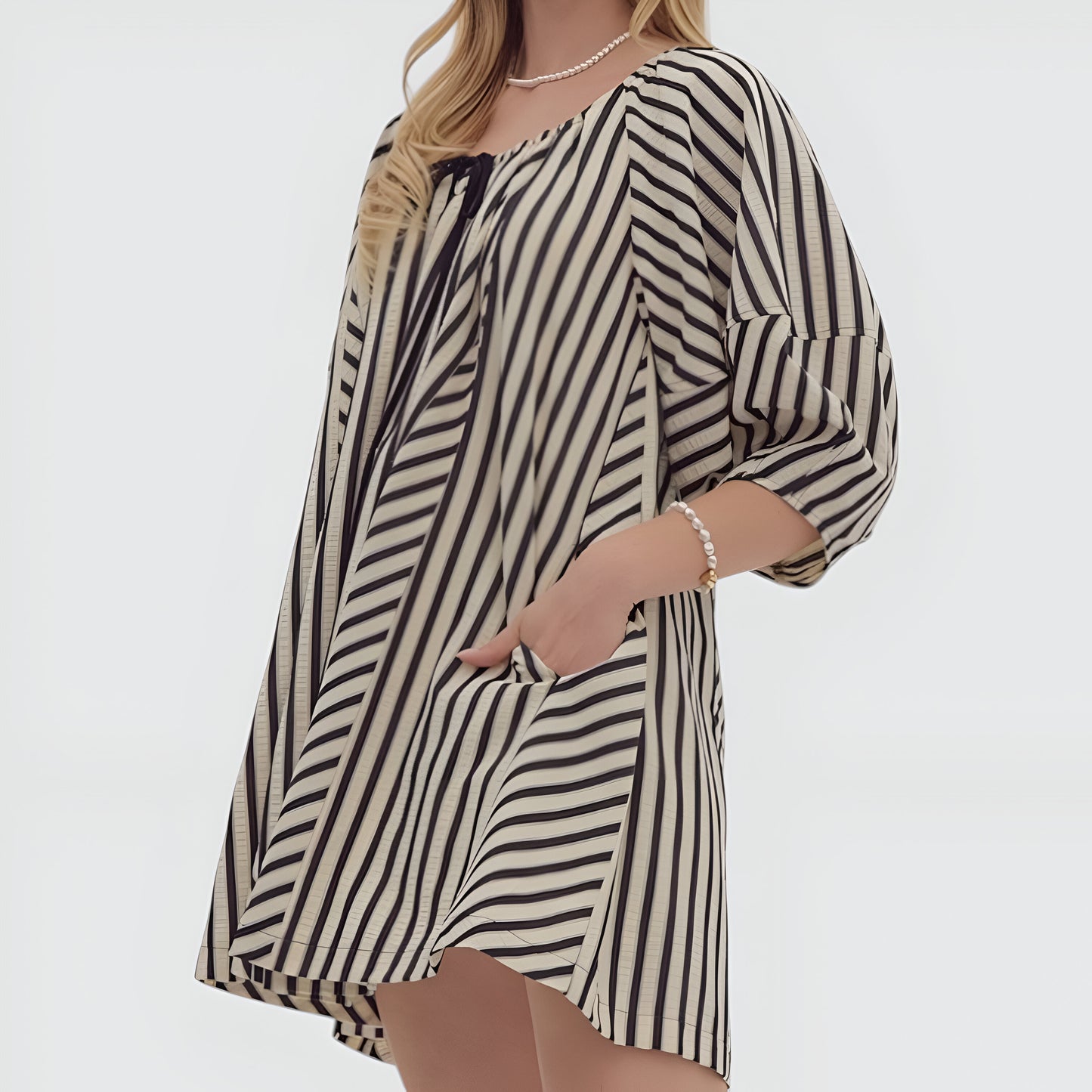 Striped Mini Dress with Tie Neckline, Pockets and 3/4 Sleeves