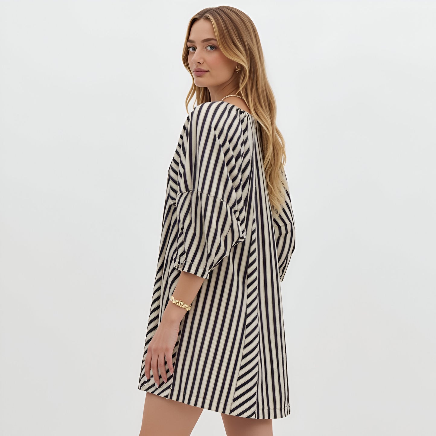 Striped Mini Dress with Tie Neckline, Pockets and 3/4 Sleeves