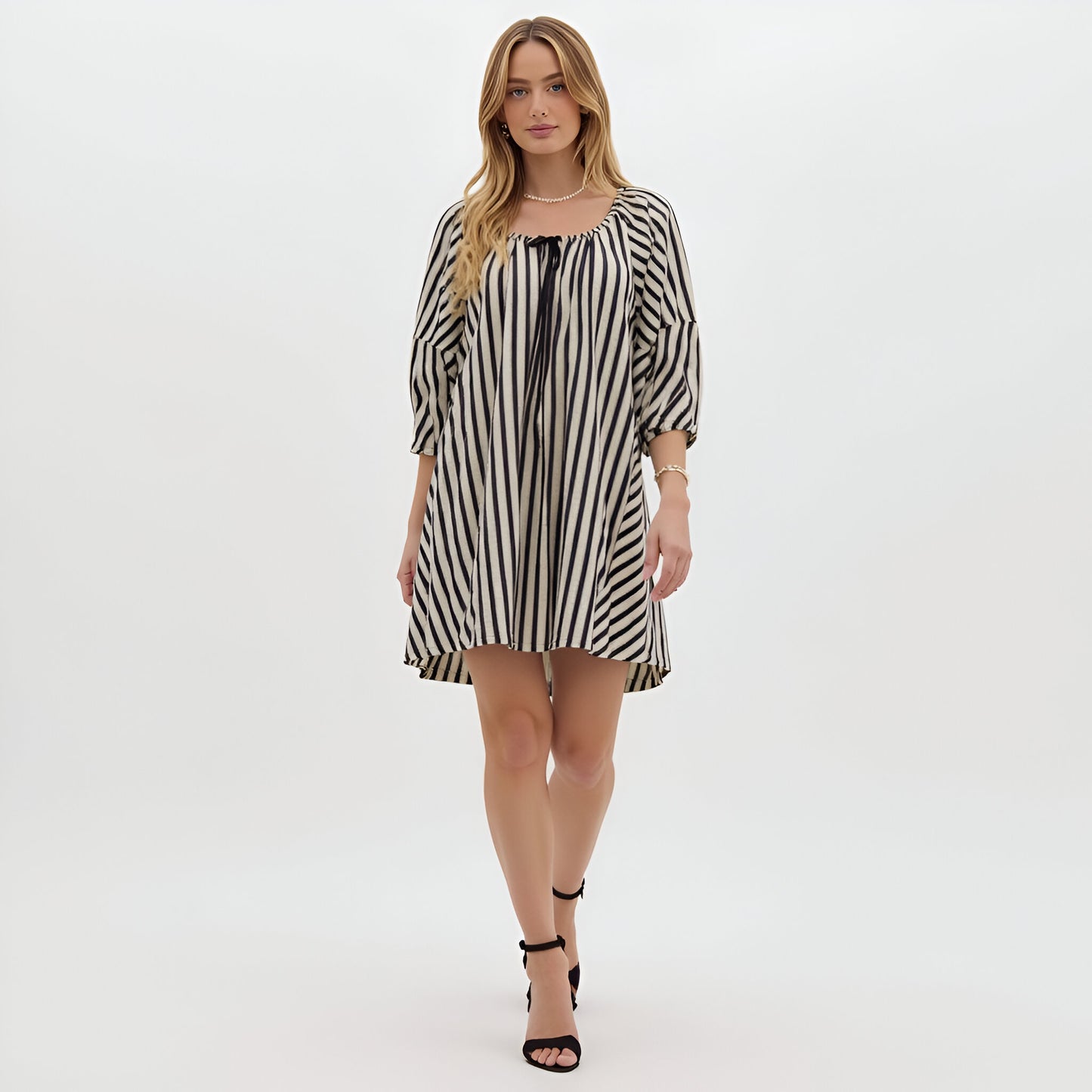 Striped Mini Dress with Tie Neckline, Pockets and 3/4 Sleeves