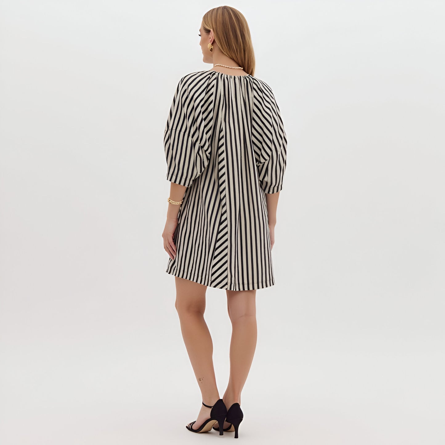 Striped Mini Dress with Tie Neckline, Pockets and 3/4 Sleeves