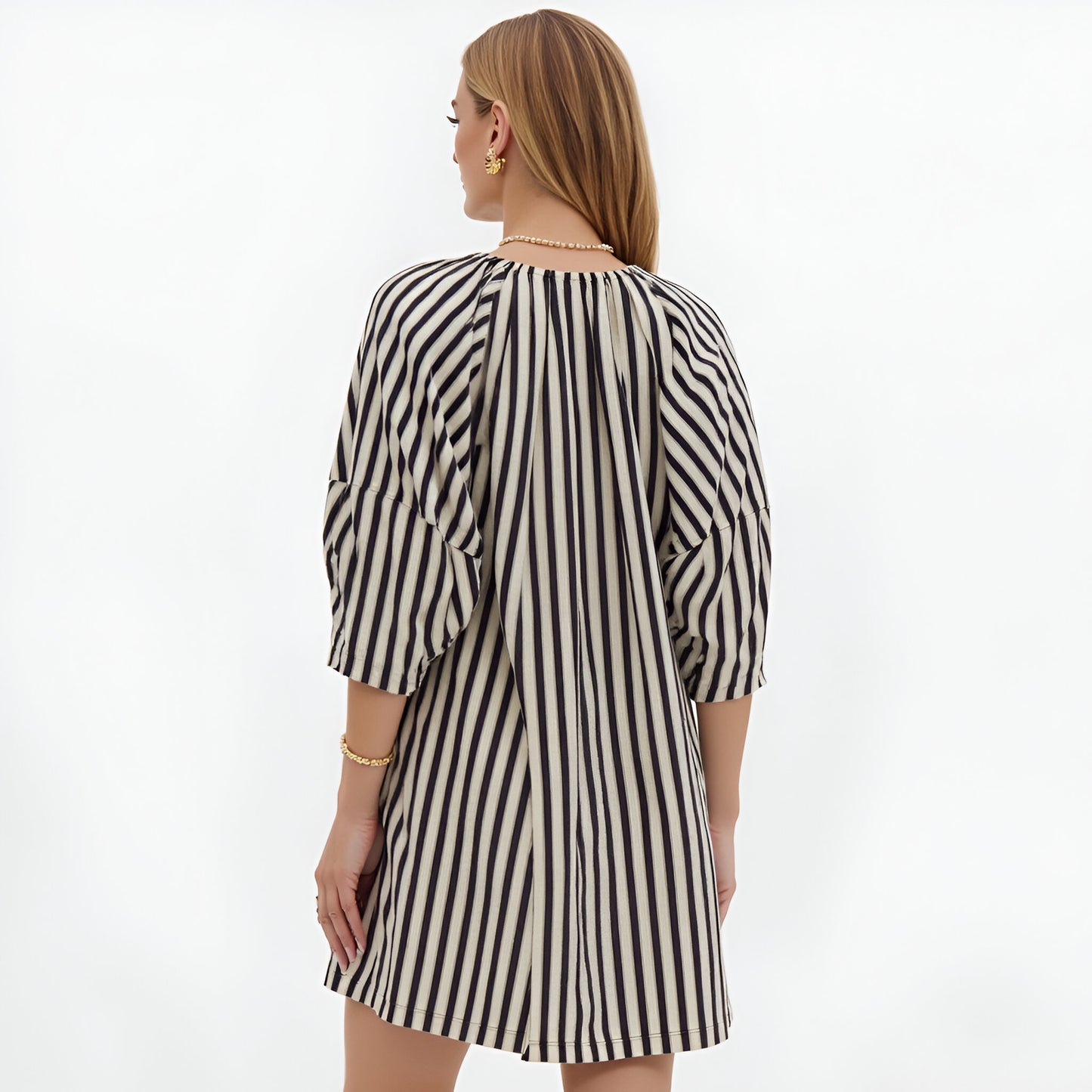 Striped Mini Dress with Tie Neckline, Pockets and 3/4 Sleeves