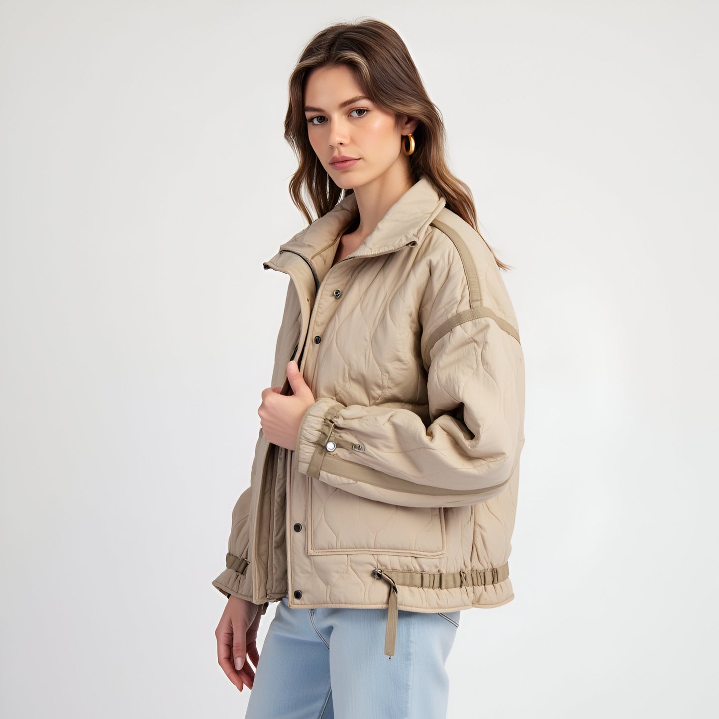 Quilted Jacket with High Collar, Contrast Trim and Adjustable Hem