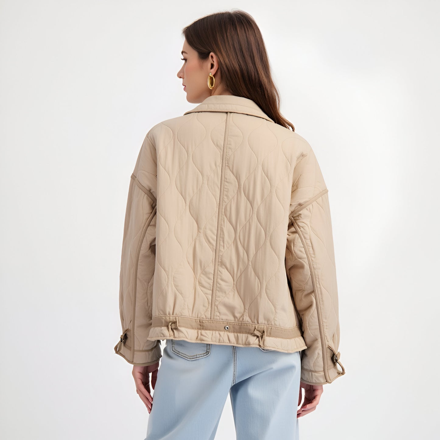 Quilted Jacket with High Collar, Contrast Trim and Adjustable Hem