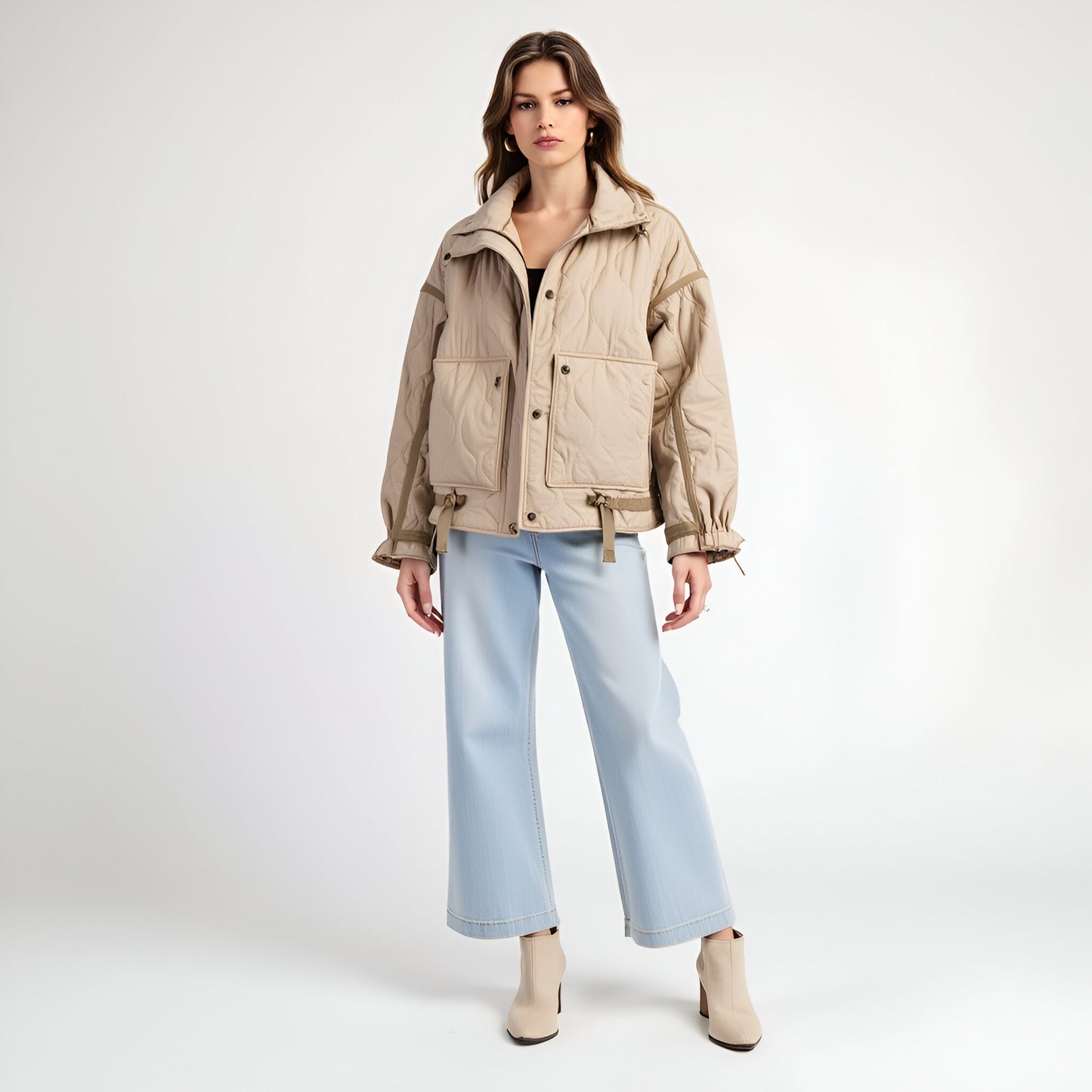 Quilted Jacket with High Collar, Contrast Trim and Adjustable Hem