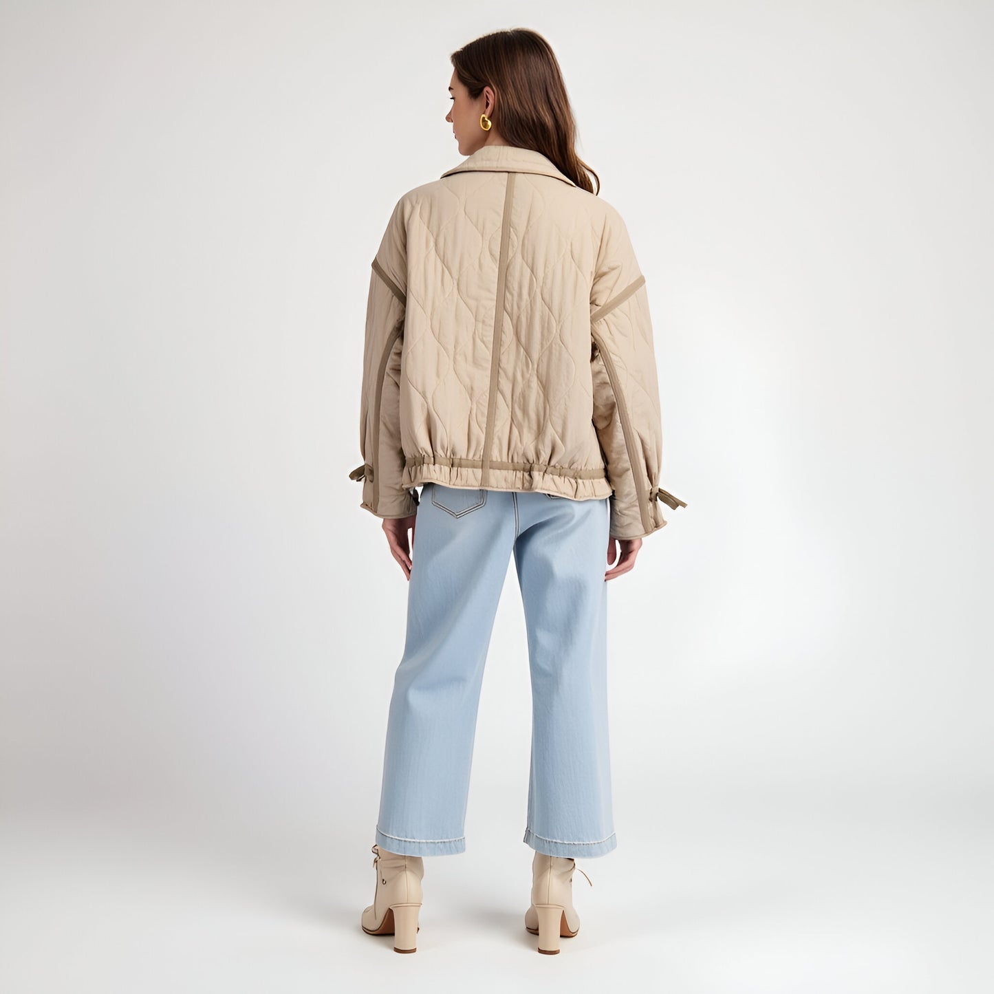 Quilted Jacket with High Collar, Contrast Trim and Adjustable Hem