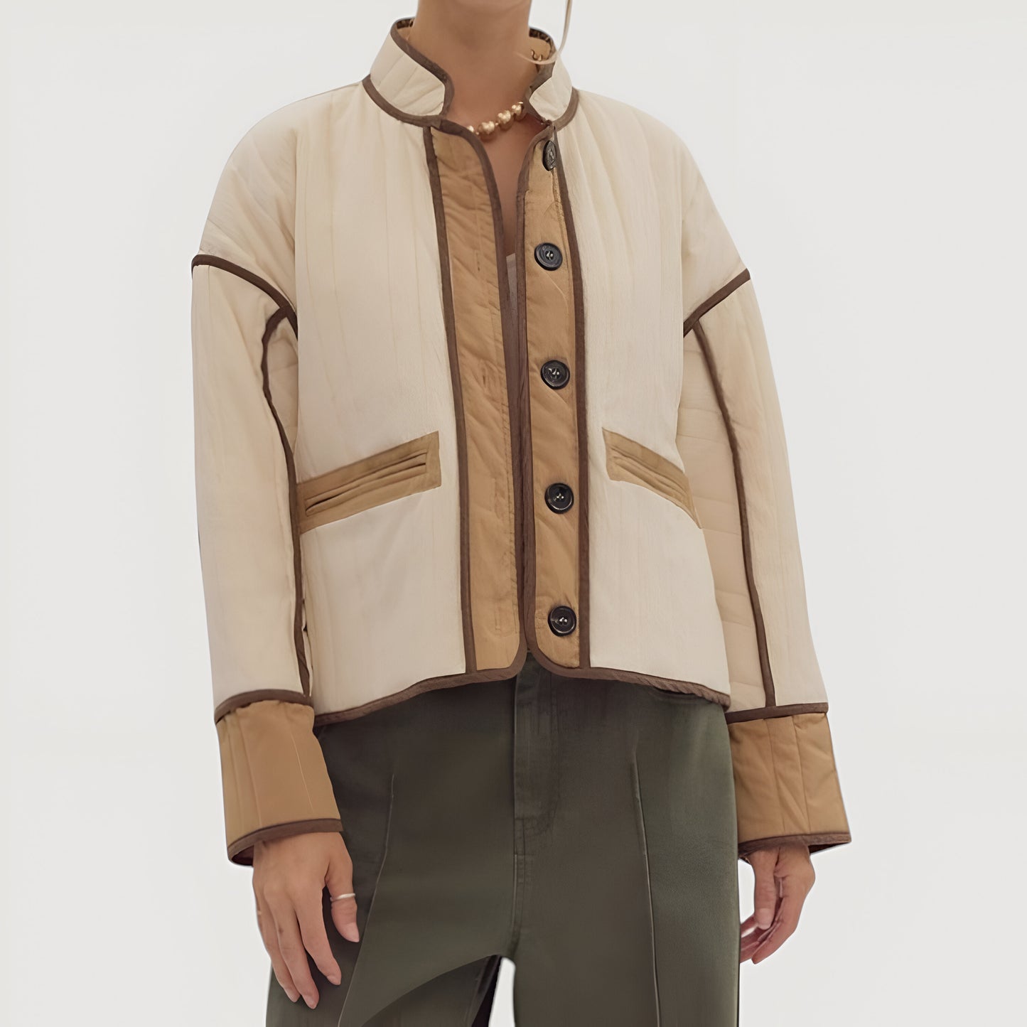 Quilted Jacket with Contrast Piping, Oversized Cuffs and Button Front