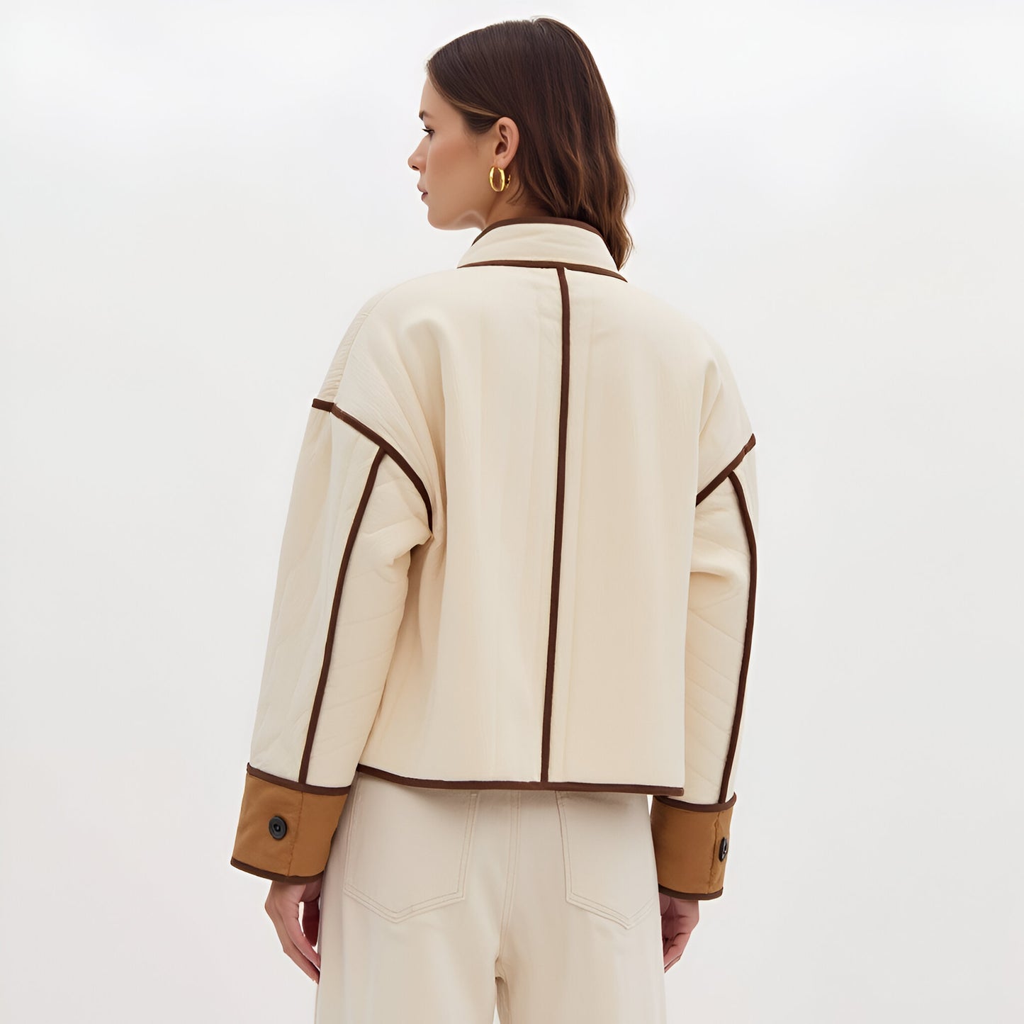 Quilted Jacket with Contrast Piping, Oversized Cuffs and Button Front