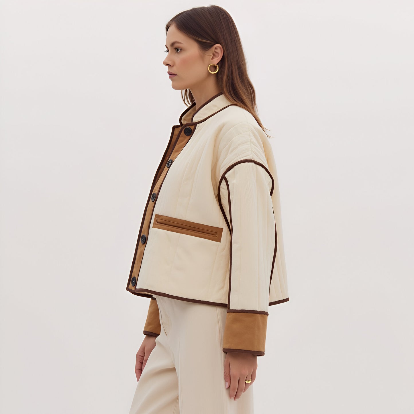 Quilted Jacket with Contrast Piping, Oversized Cuffs and Button Front
