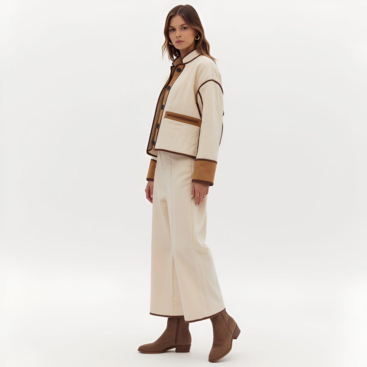 Quilted Jacket with Contrast Piping, Oversized Cuffs and Button Front