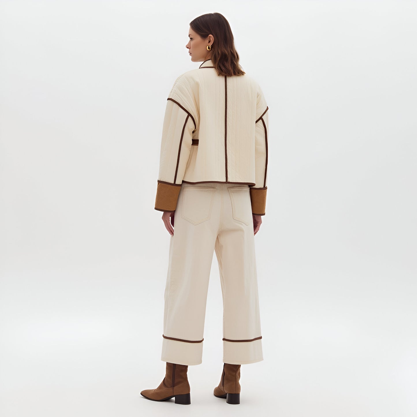 Quilted Jacket with Contrast Piping, Oversized Cuffs and Button Front