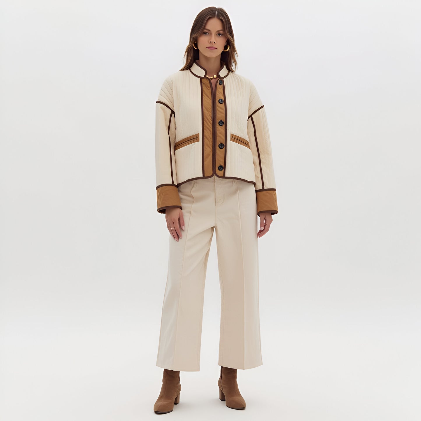 Quilted Jacket with Contrast Piping, Oversized Cuffs and Button Front