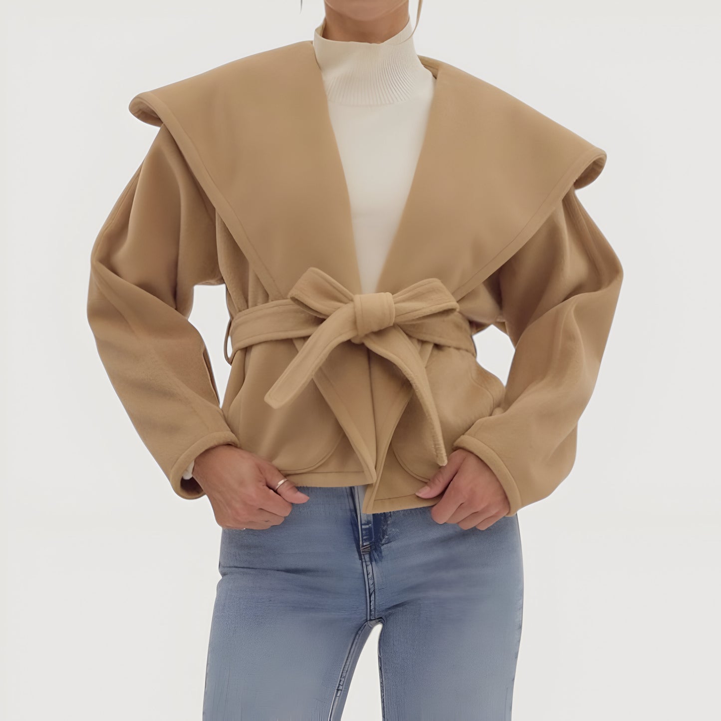 Wrap Jacket with Oversized Lapel Collar, Self-Tie Belt and Long Sleeves