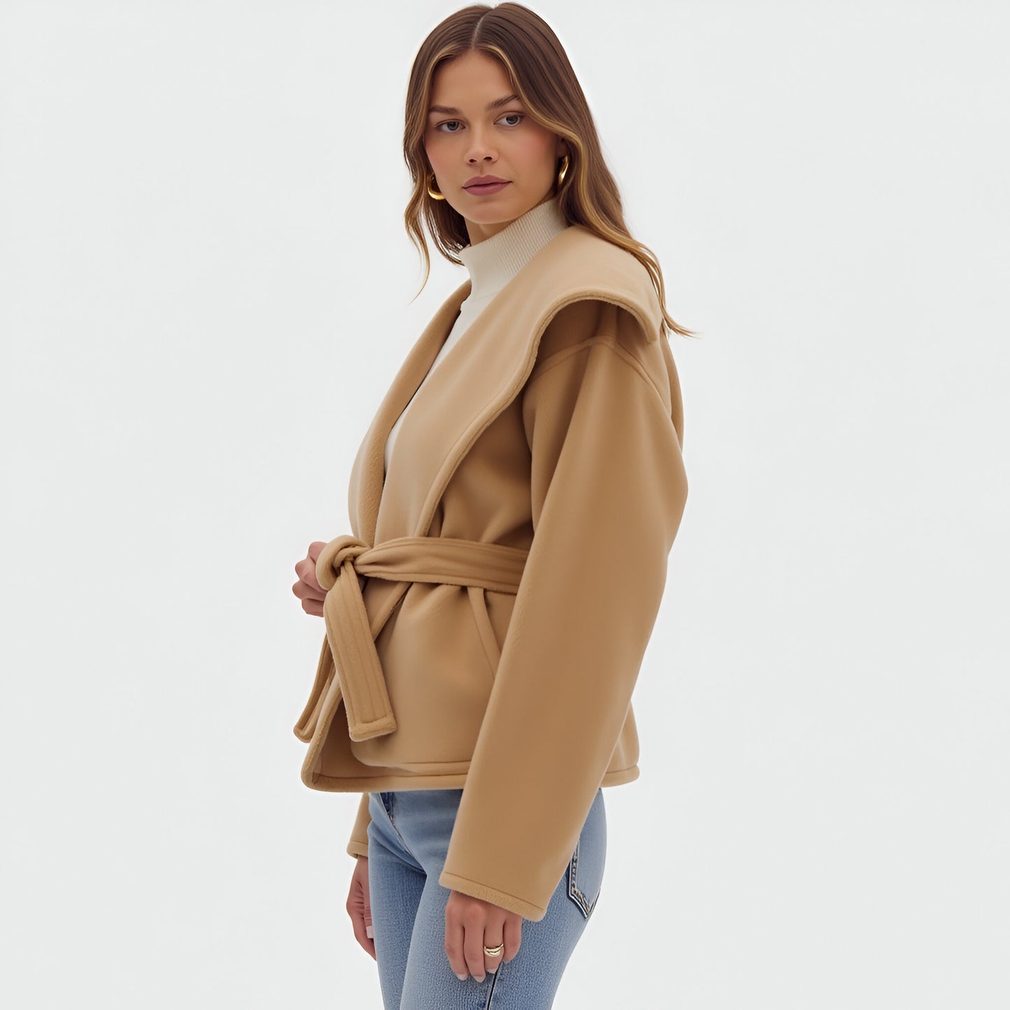 Wrap Jacket with Oversized Lapel Collar, Self-Tie Belt and Long Sleeves