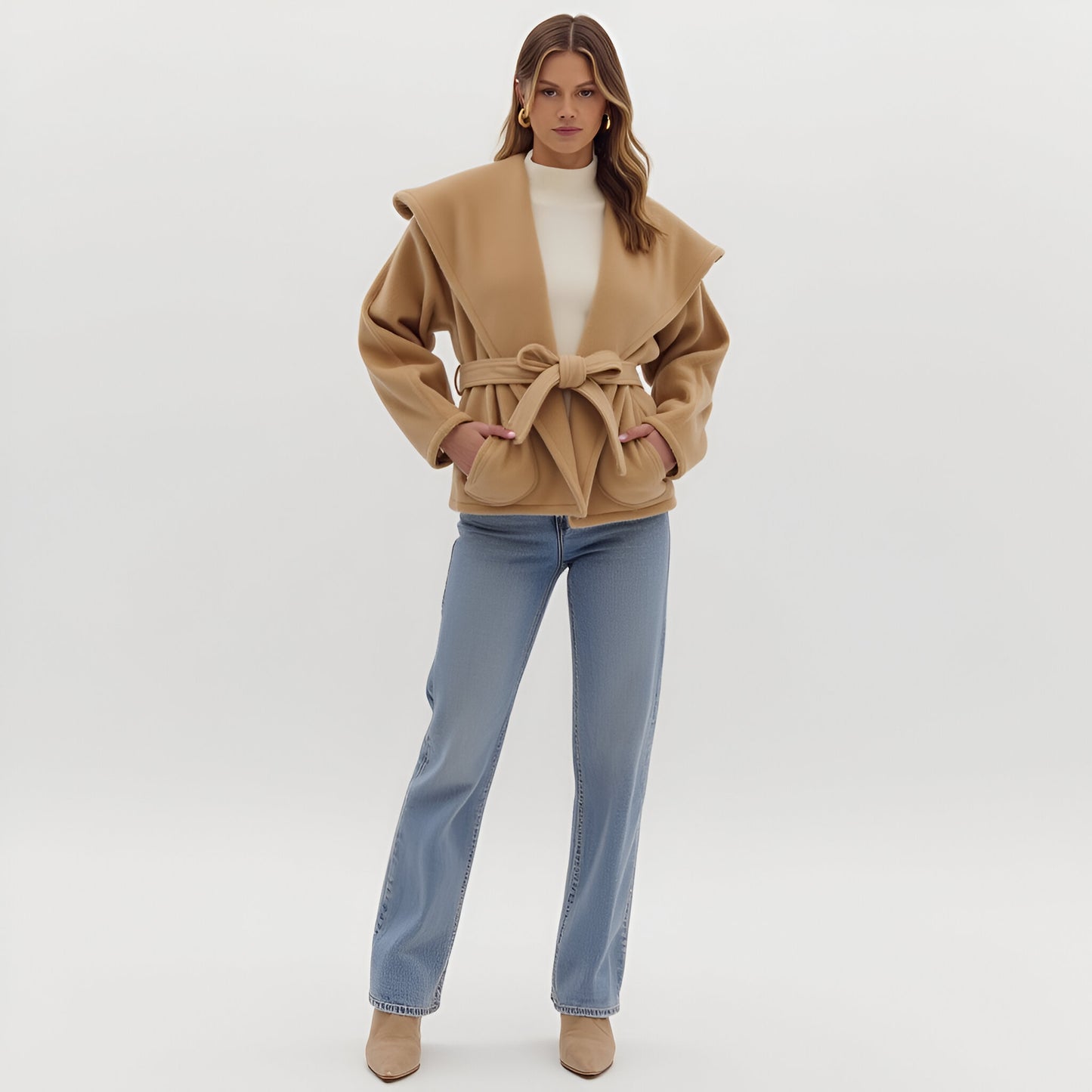 Wrap Jacket with Oversized Lapel Collar, Self-Tie Belt and Long Sleeves