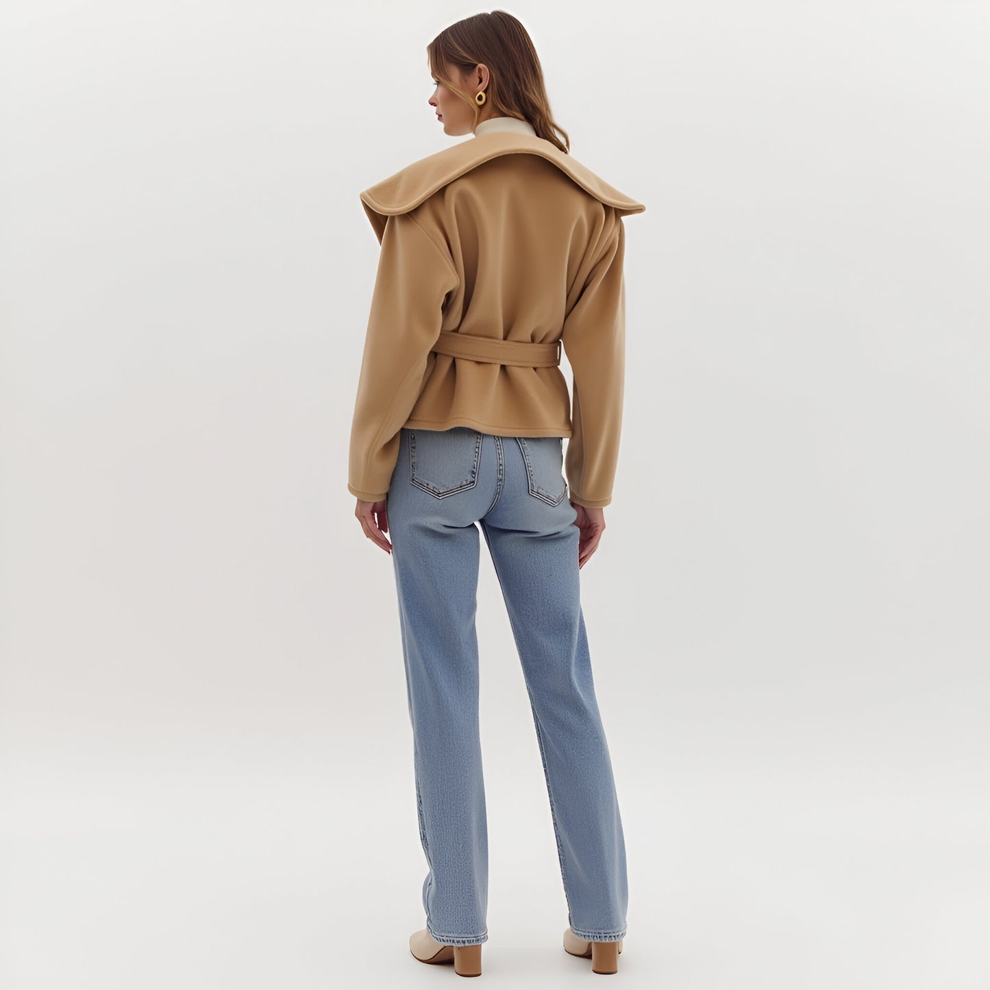 Wrap Jacket with Oversized Lapel Collar, Self-Tie Belt and Long Sleeves