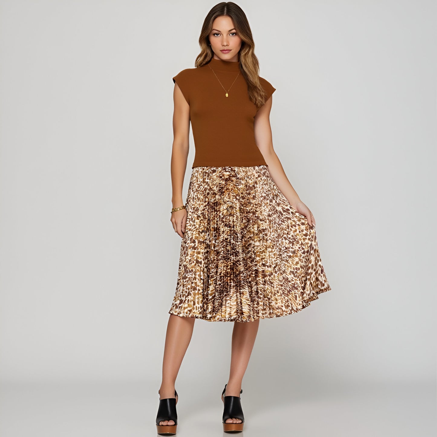 Animal Print Pleated Midi Dress with Fitted Bodice and Flowing Skirt