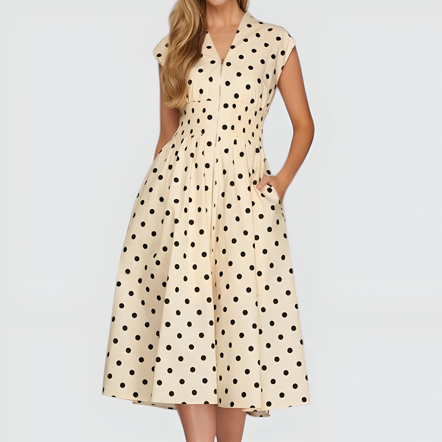 Polka Dot Midi Shirt Dress with Cap Sleeves and Button Front