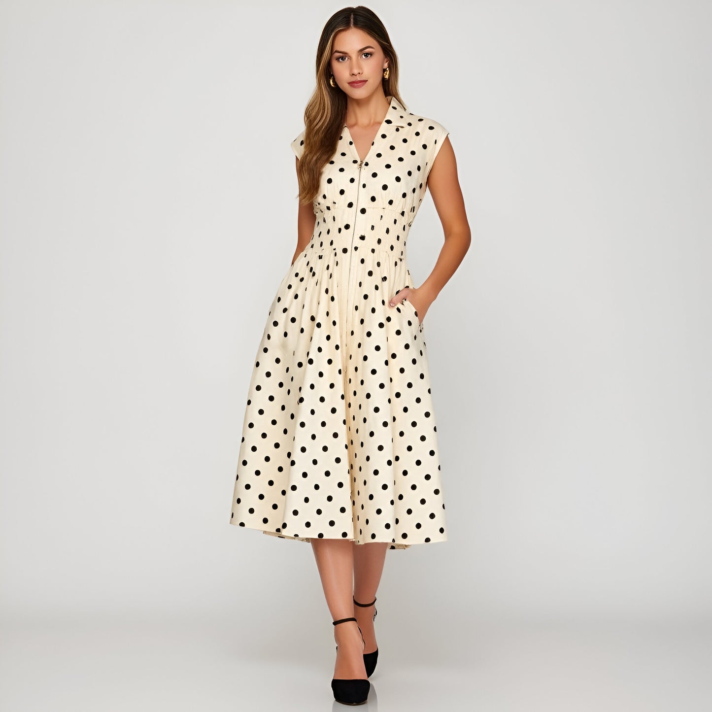 Polka Dot Midi Shirt Dress with Cap Sleeves and Button Front