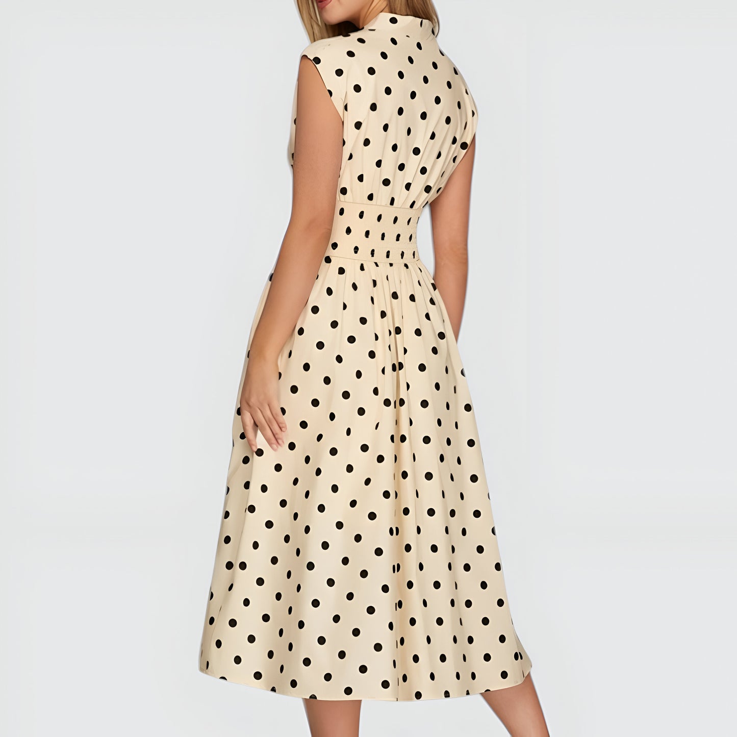 Polka Dot Midi Shirt Dress with Cap Sleeves and Button Front