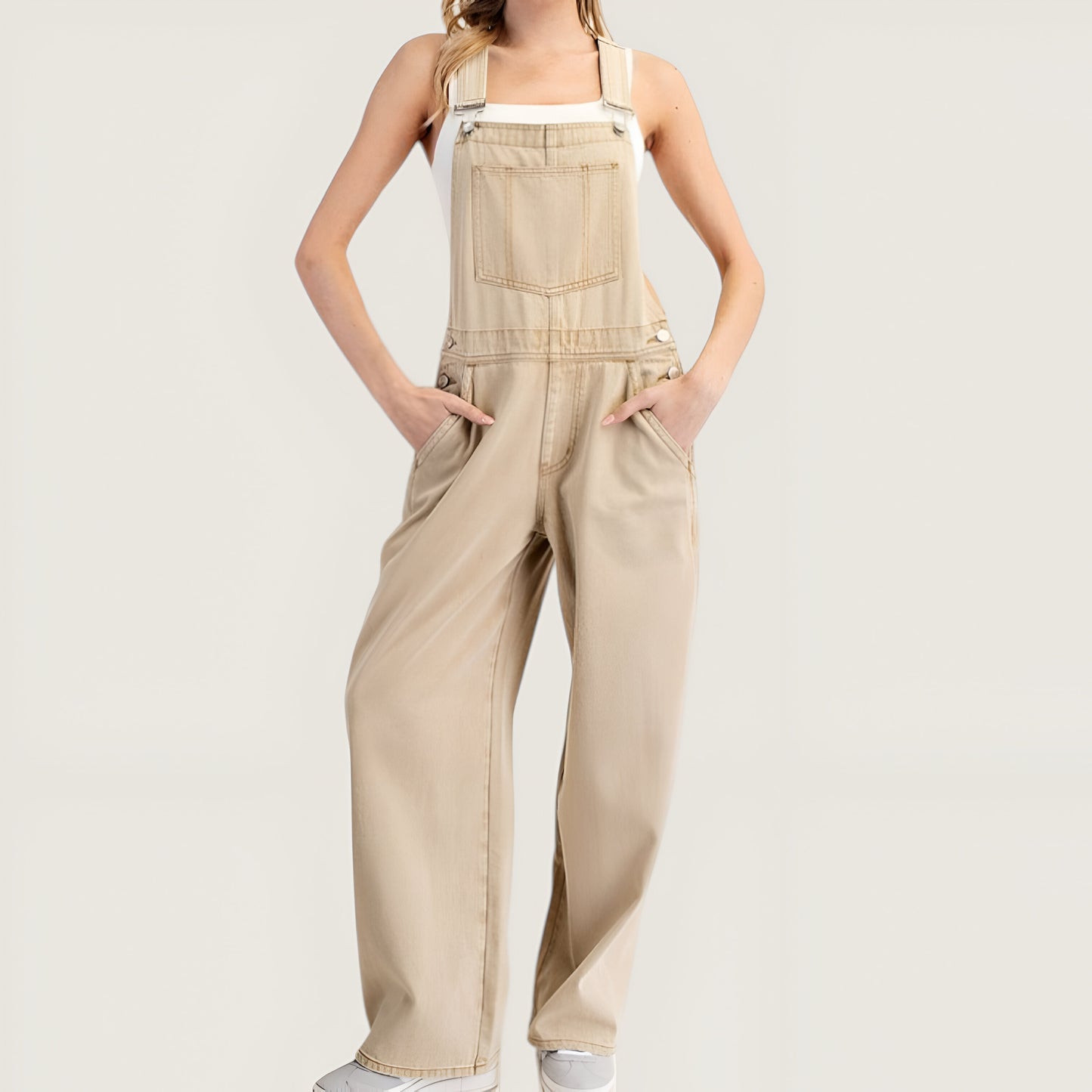 Wide Leg Overalls with Adjustable Straps and Side Button Detail