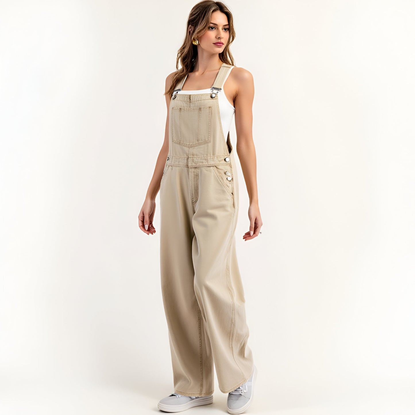 Wide Leg Overalls with Adjustable Straps and Side Button Detail
