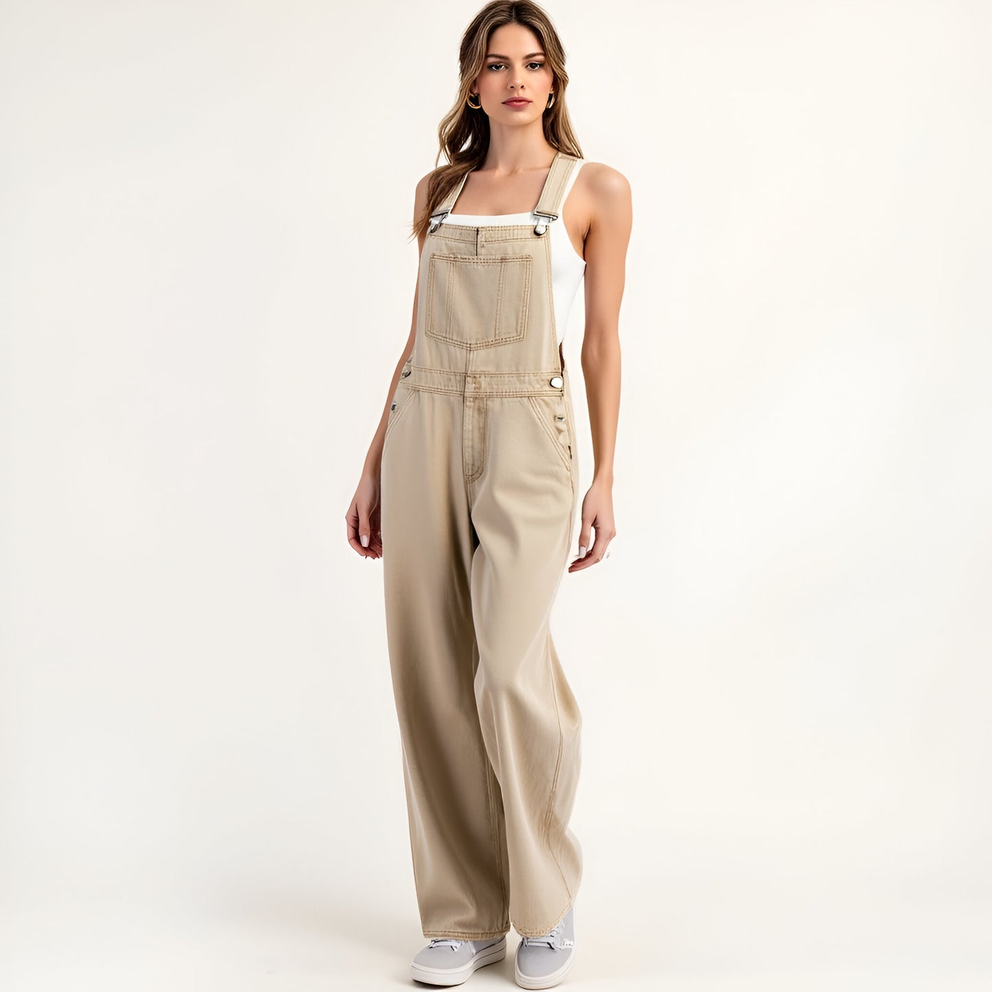 Wide Leg Overalls with Adjustable Straps and Side Button Detail
