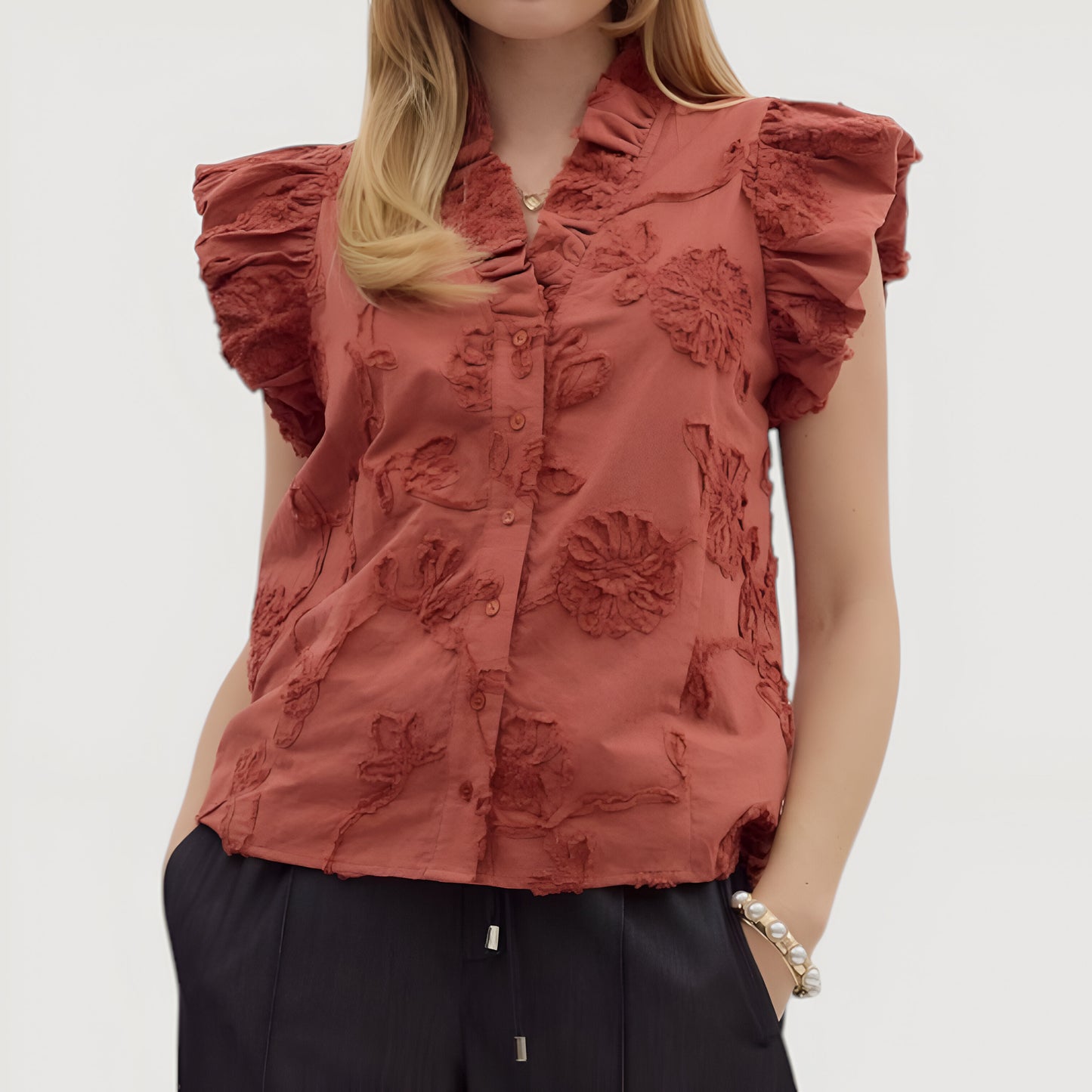 Ruffle Sleeve Blouse with Textured Floral Embroidery and Button Front