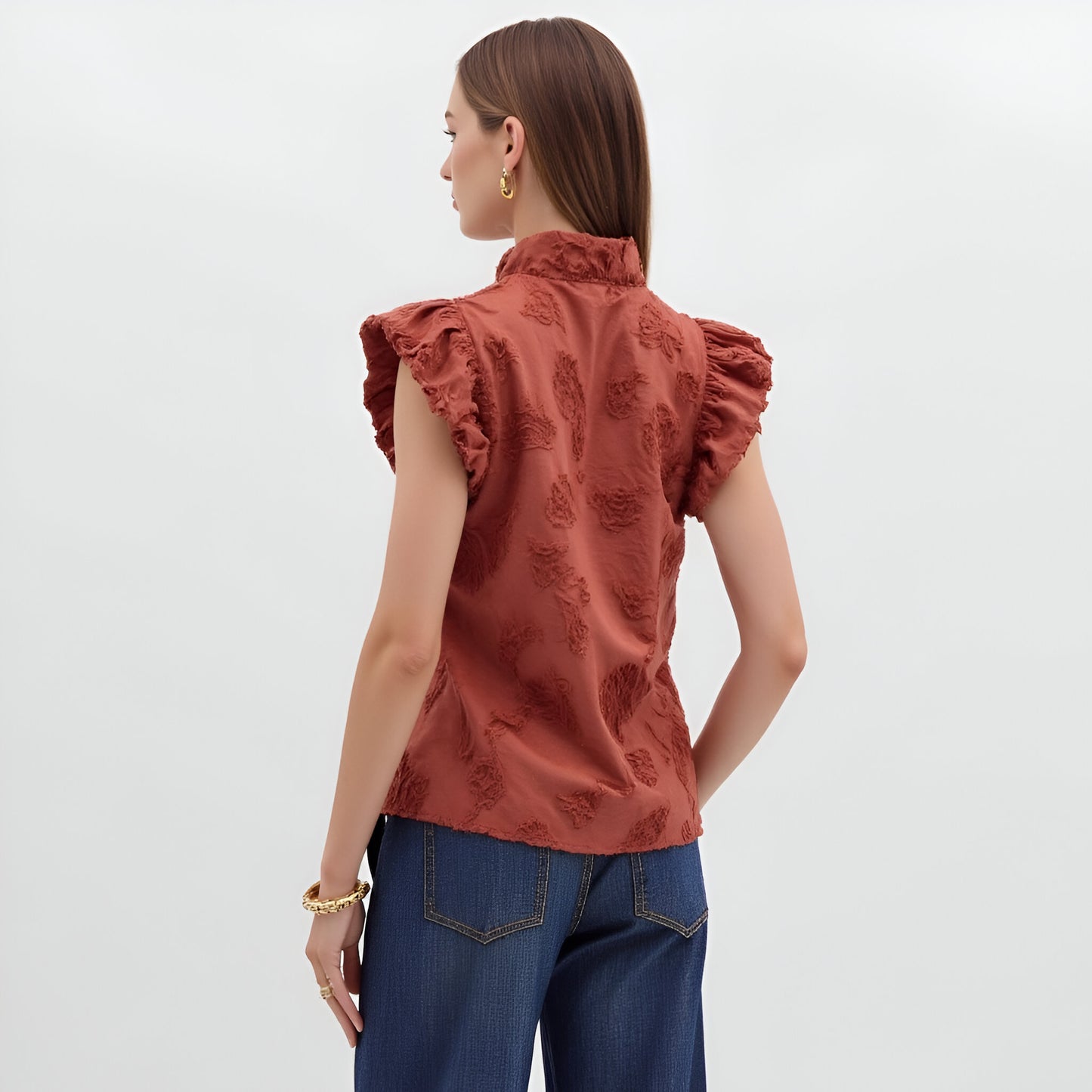 Ruffle Sleeve Blouse with Textured Floral Embroidery and Button Front