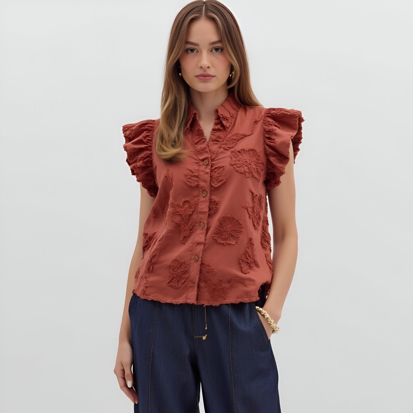 Ruffle Sleeve Blouse with Textured Floral Embroidery and Button Front