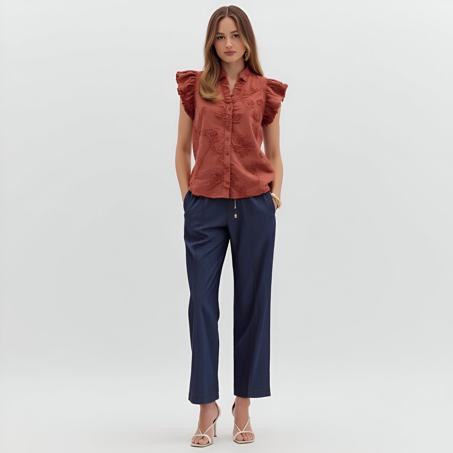 Ruffle Sleeve Blouse with Textured Floral Embroidery and Button Front