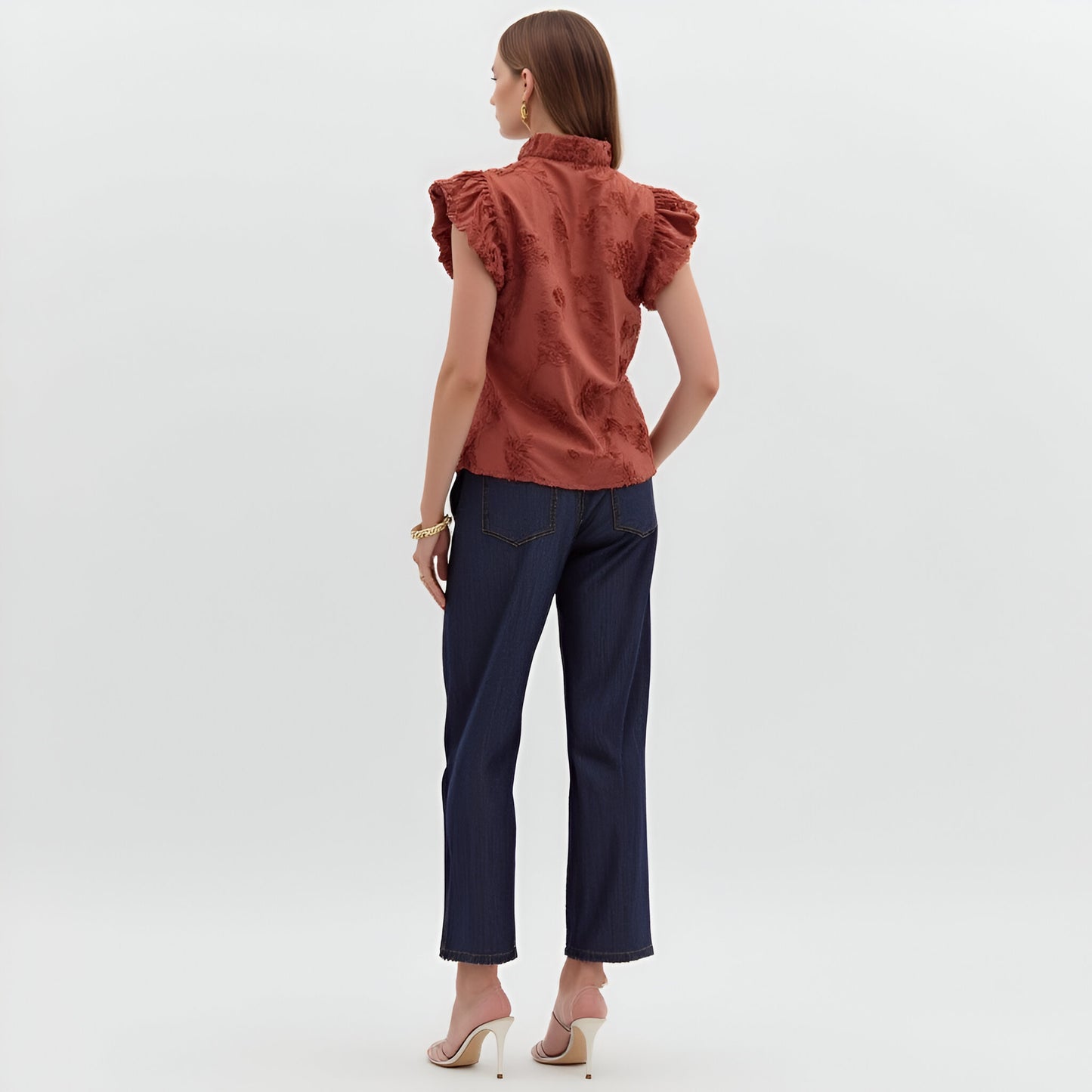 Ruffle Sleeve Blouse with Textured Floral Embroidery and Button Front