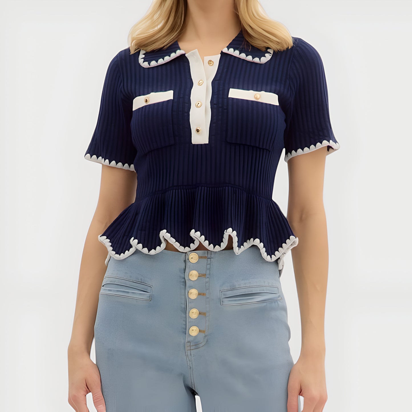 Ribbed Knit Peplum Top with Contrast Trim and Gold Buttons